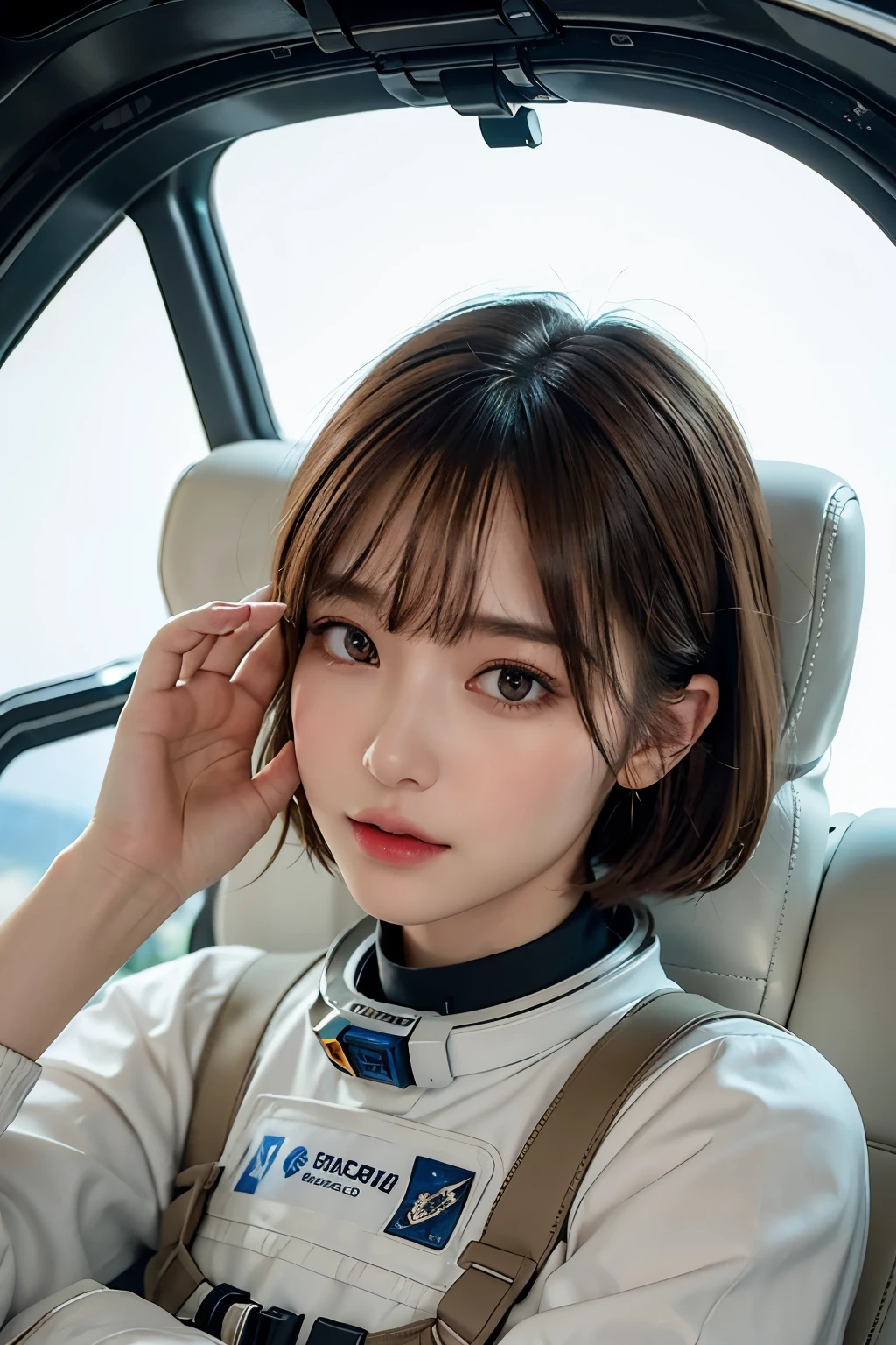highest quality、masterpiece、ultra high resolution、(real:1.4)、Beautiful woman1、Beautiful details of eyes and skin、light brown short cut hair、The perfect spacesuit、outer space、macrocosm、star々、Inside the spaceship、cockpit、
