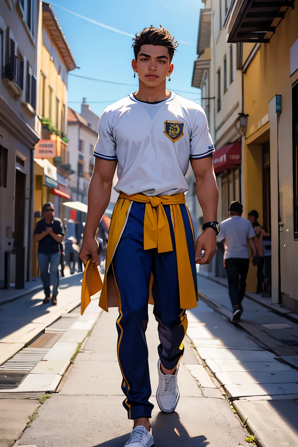 Dibuja a un atleta de pleno derecho，Stand in the city center，Lleva ropa casual con pataloneta y camiseta，El hombre parece confiado y decidido，rayos de sol，pechos grandes alegres，elegante，corte de cuadrado，cuerpo stroman endomorfo，disparando desde abajo，