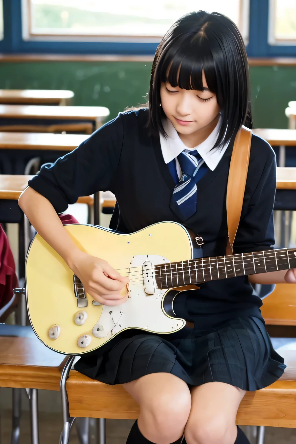 high school girl、black hair、short、guitar、After school classroom