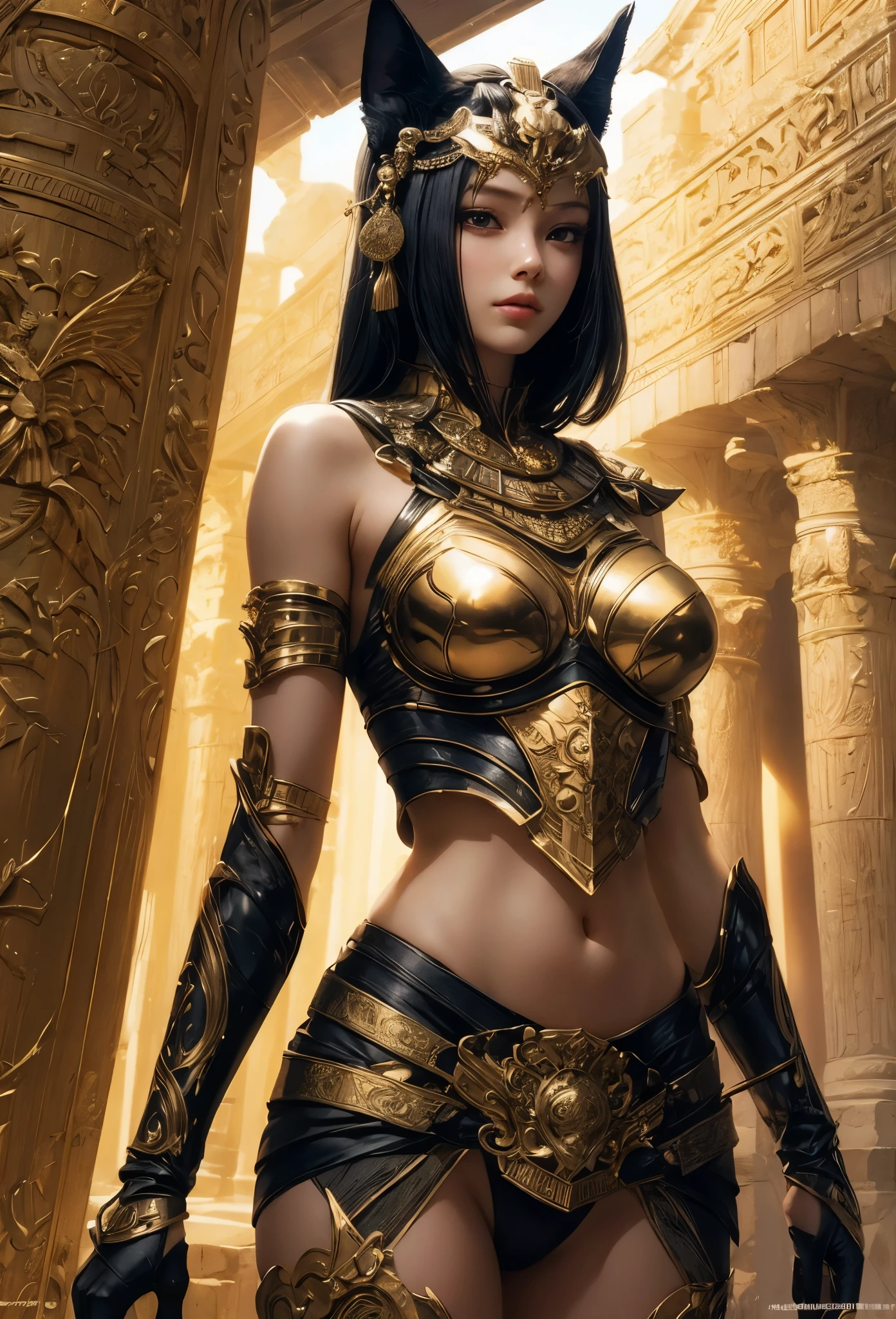 ((Highly accurate drawing in every detail)Extremely precise depiction)[High resolution],(detailed illustrations,とてもfineで緻密な描画,Delicate drawn lines with tempo,Realistic texture expression),[color traced main line],[ruins background [Ancient Egypt]],HENTAI (ANIME Girl (beautiful) ) cyborg [(tanned skin) [Lustrous black hair]],((Bastet) Beautifully decorated golden cyber armor) ([Complex decorative processing] [elegant],Gorgeous golden luster (Polished reflective luster)) [Gorgeous and luxurious],gravure,[Oparts Lost Technology [Hierograph]],(複雑でbeautiful装飾 [Dense detail]),(きめ細やかでbeautiful肌表現 [transparency]),Precisely drawn eyes[完璧な目のdetailed(Iris drawn in minute detail)(宝石のようなbeautiful瞳)],[eyes light[Pinpoint lighting for the eyes]],[長くてbeautiful睫毛],[precisely drawn hair [美しく艷やかな髪のdetailed]],(完璧な手のdetailed [破綻のないbeautiful指 [beautiful nails]]),(perfect anatomy(perfectly balanced proportions))[[full body portrait]],[[Design built to the highest level]][ideal color coordination(Accurate simulation of light and material interactions)],([Precision Detail](detailed,高fine)),[Visual art that tells a story],((highest quality)fine[[High density drawing]])(4K Quality).