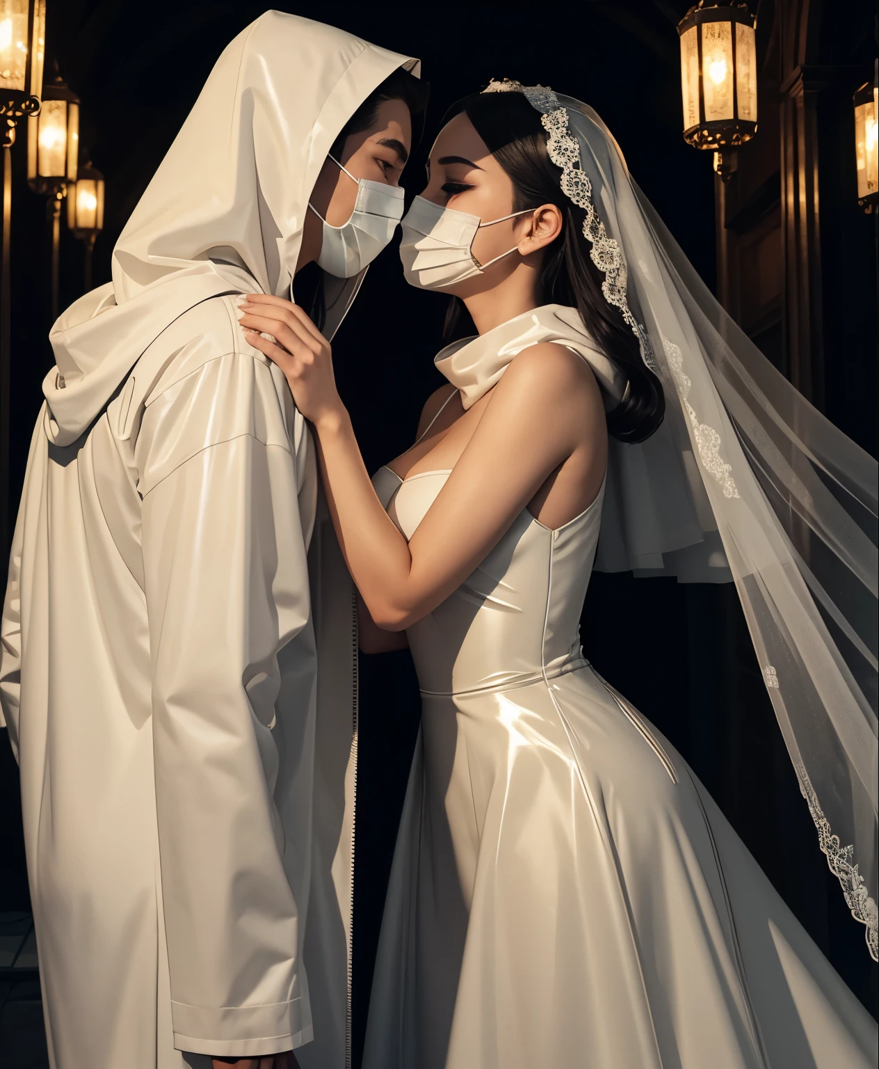 Full face latex mask, Kissing,latex hood,latex masks, couple, romantic, nighttime, soft lighting, passion, intimate connection, tender embrace, close-up of lips, gentle caress, loving touch, bride white latex dress, full face masks