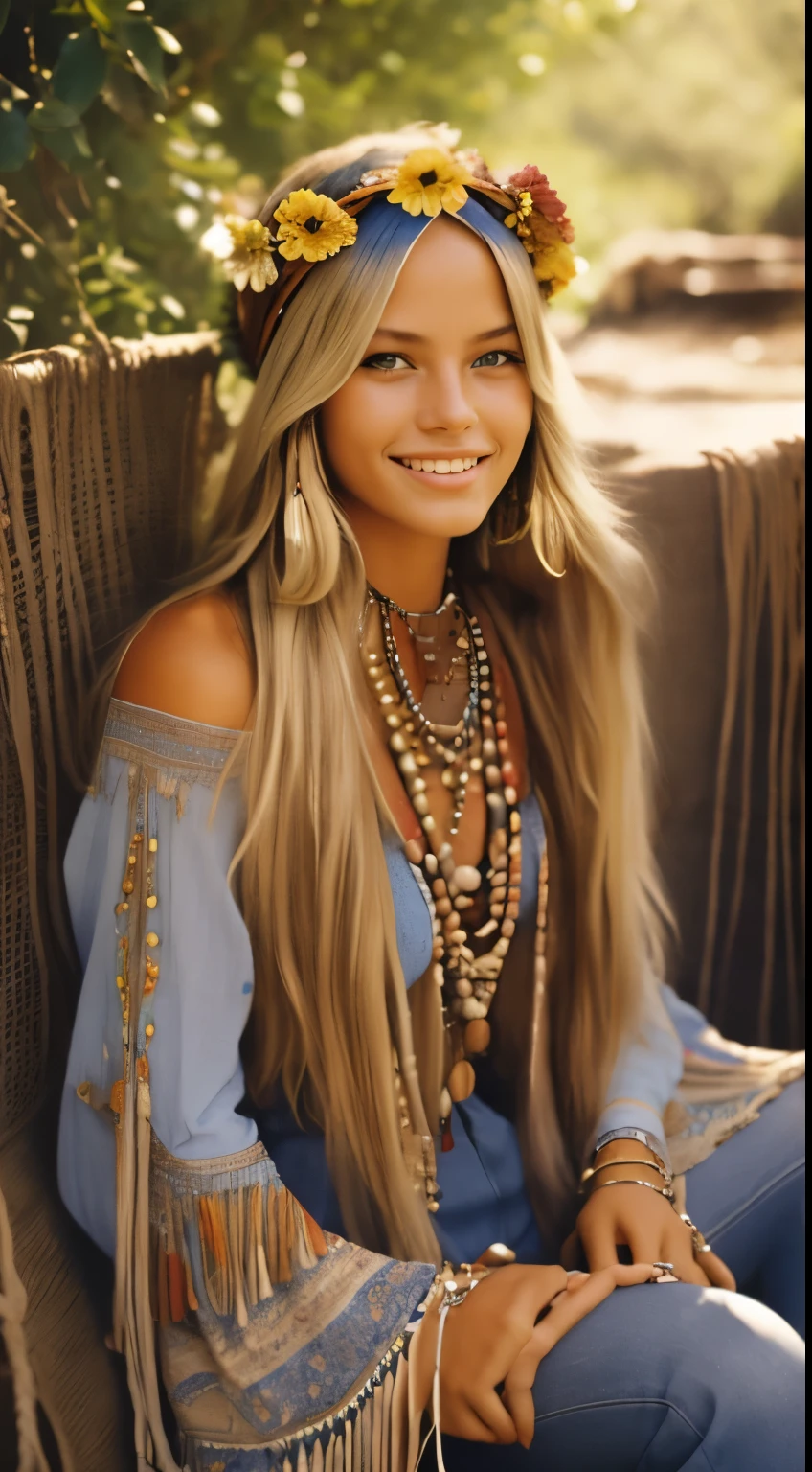 Foto hiperrealista en primer plano de 20 years old Maria Bello, dressed in blue peasant blouse paired with bell-bottom jeans and fringe accessories. She wears a headband or flower crown in her long, flowing hair. The setting is a bohemian-inspired outdoor music festival or a peaceful nature backdrop, capturing the free-spirited and laid-back vibe of the era 60Retro69Punch75, beautiful woman, skinny, small breasts, straight blond hair, detailed face, smile, photo taken from a distance, age 20 tears old