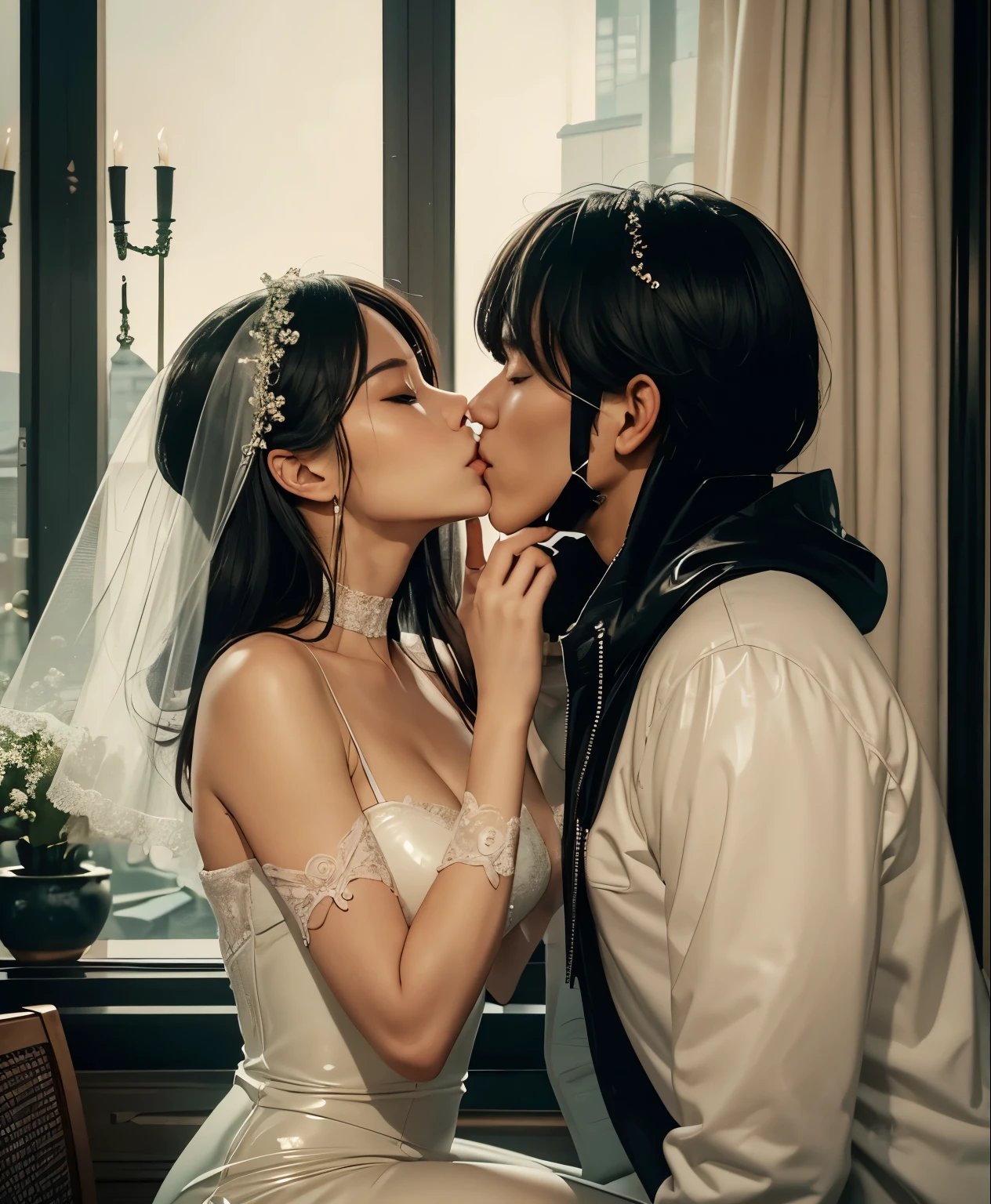 Full face latex mask, Kissing,latex hood,latex masks, couple, romantic, nighttime, soft lighting, passion, intimate connection, tender embrace, close-up of lips, gentle caress, loving touch, bride white latex dress, full face masks