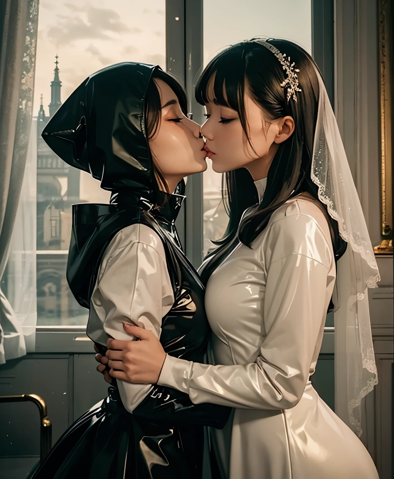 Full face latex mask, Kissing,latex hood,latex masks,  couple, romantic, nighttime, soft lighting, passion, intimate connection, tender embrace, close-up of lips, gentle caress, loving touch, bride white latex dress, full face masks 