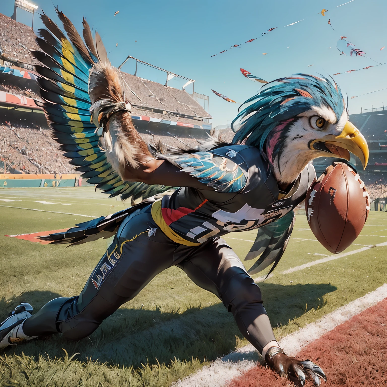 (Animasi hawk bird mascot playing football, (Vibrant colors: 1.3), (Clear details: 1.2), ((Playful expression: 1.5)), (High definition: 1.4), (Realistic feathers: 1.3), (Detailed beak and eyes: 1.4), (Football in talons: 1.2), (Swinging legs: 1.1), (Motion blur effect: 0.9), ((Sprinting stance: 1.3)), (Leather football: 1.2), (Grass texture: 1.1), ((Dynamic pose: 1.4)), (Art