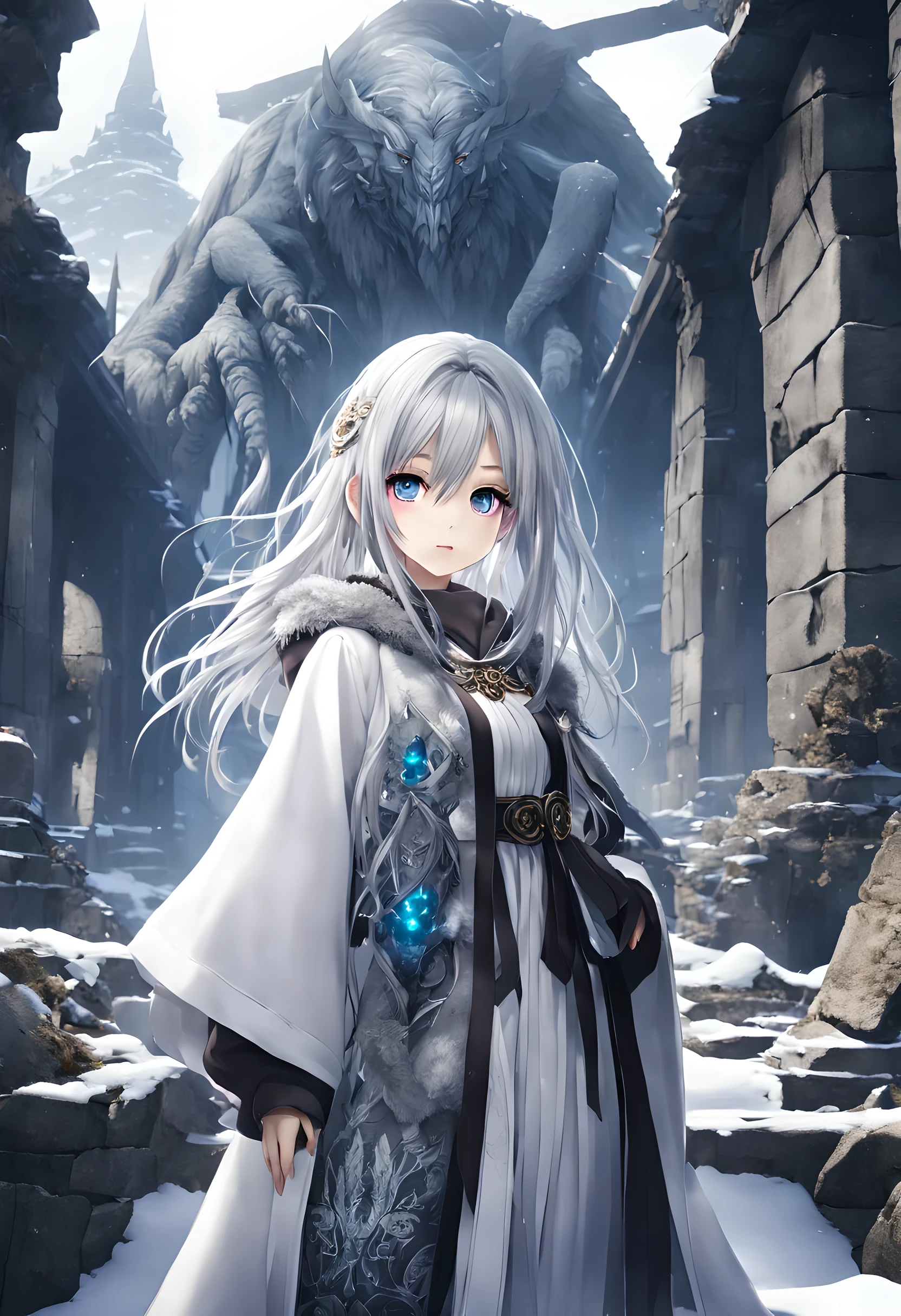 Fantastic worldview、A beautiful and cute wizard woman wearing a robe with a detailed and delicate design..、Travel through a ruined ancient city infested with monsters.、beautiful silver eyes、Beautiful and transparent silver hair、Face and eyes drawn in ultra-high resolution、correct human body diagram、stylish winter clothing、realistic texture、Very beautiful digital anime style illustration、