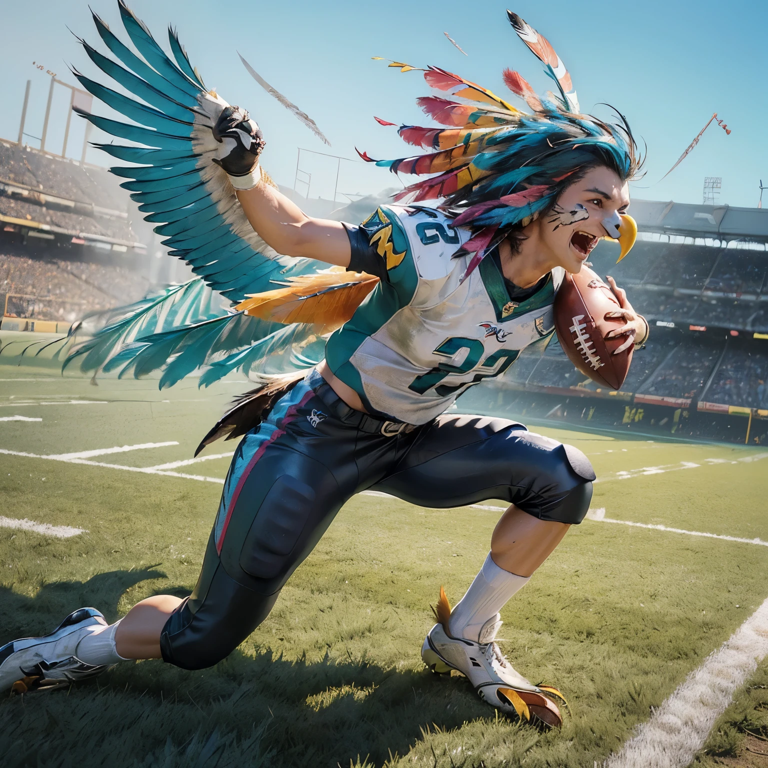 (Animasi hawk bird mascot playing football, (Vibrant colors: 1.3), (Clear details: 1.2), ((Playful expression: 1.5)), (High definition: 1.4), (Realistic feathers: 1.3), (Detailed beak and eyes: 1.4), (Football in talons: 1.2), (Swinging legs: 1.1), (Motion blur effect: 0.9), ((Sprinting stance: 1.3)), (Leather football: 1.2), (Grass texture: 1.1), ((Dynamic pose: 1.4)), (Art