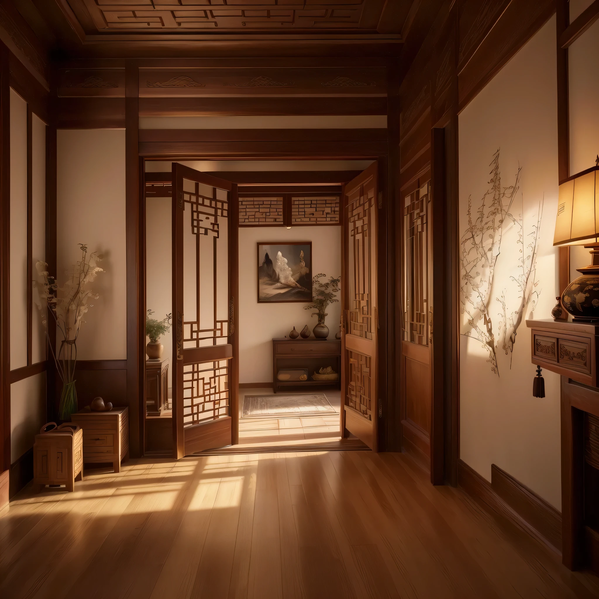 A traditional Chinese bedroom with antique wooden furniture, delicate carvings, and soft lighting, featuring ancient-style doors and elegant window coverings, ornate zither quietly placed in the corner, ink paintings hanging on the wall, exquisite jade carvings by the window, fragrant aroma diffusing throughout the room, displaying elegant calligraphy and antique artifacts, exuding a rich cultural atmosphere. (best quality,4k,8k,highres,masterpiece:1.2),ultra-detailed,(realistic,photorealistic,photo-realistic:1.37),traditional Chinese landscape,antique artistry,subtle and warm color palette,soft and natural lighting.