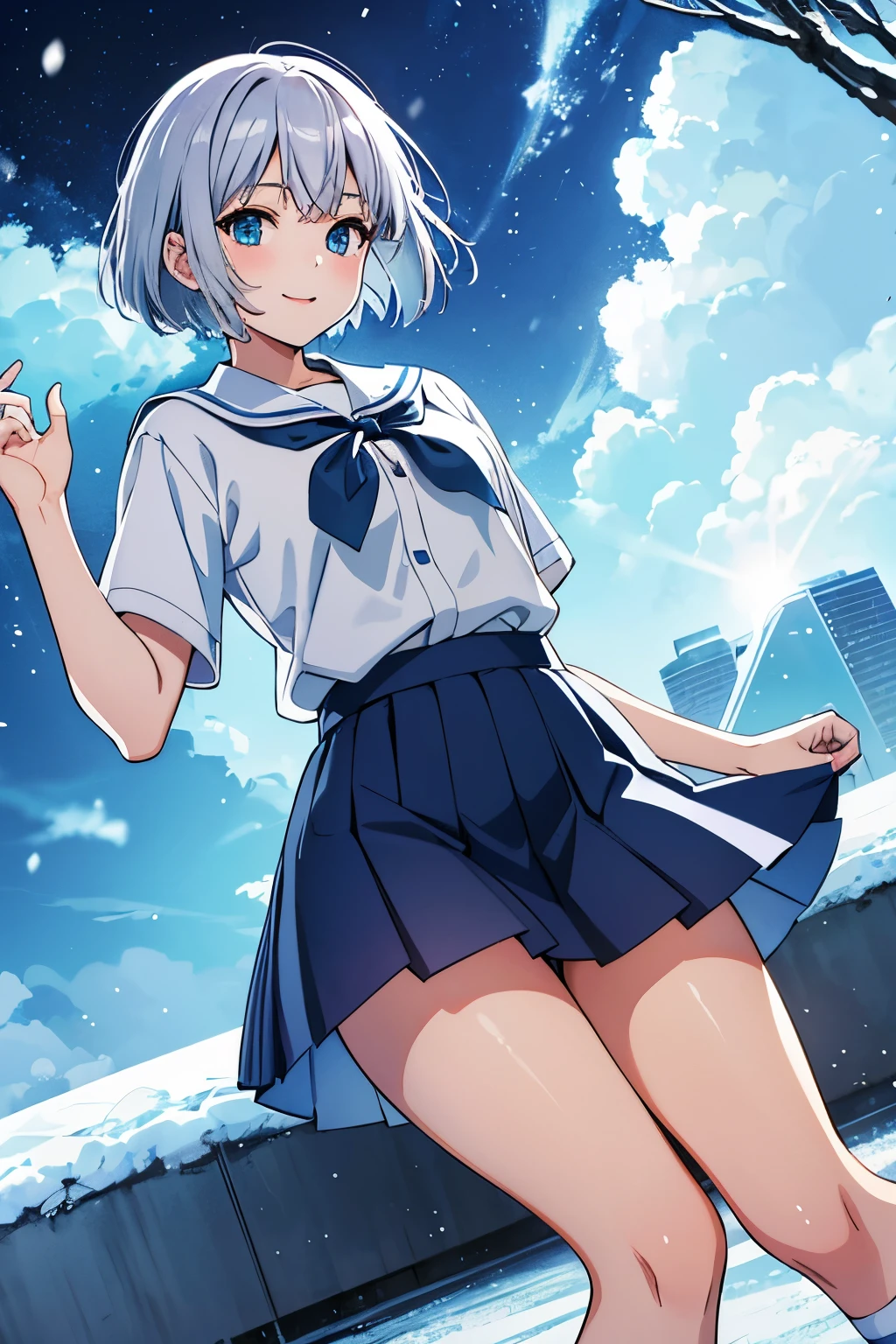 Youmu, sailor suit、pleated skirt 、smile,、standing with hands on hips、spread your legs wide、shot from below