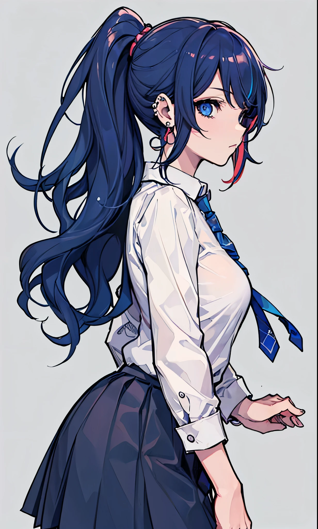 (masterpiece:1.2), best quality,PIXIV,flot,
1girl, solo, skirt, necktie, black hair, long hair, shirt, simple background, blue background, multicolored hair, pleated skirt, jewelry, school uniform, white shirt, blue hair, black skirt, earrings, looking at viewer, collared shirt, from side, breasts, long sleeves, ear piercing, piercing, ponytail, wavy hair, blue eyes