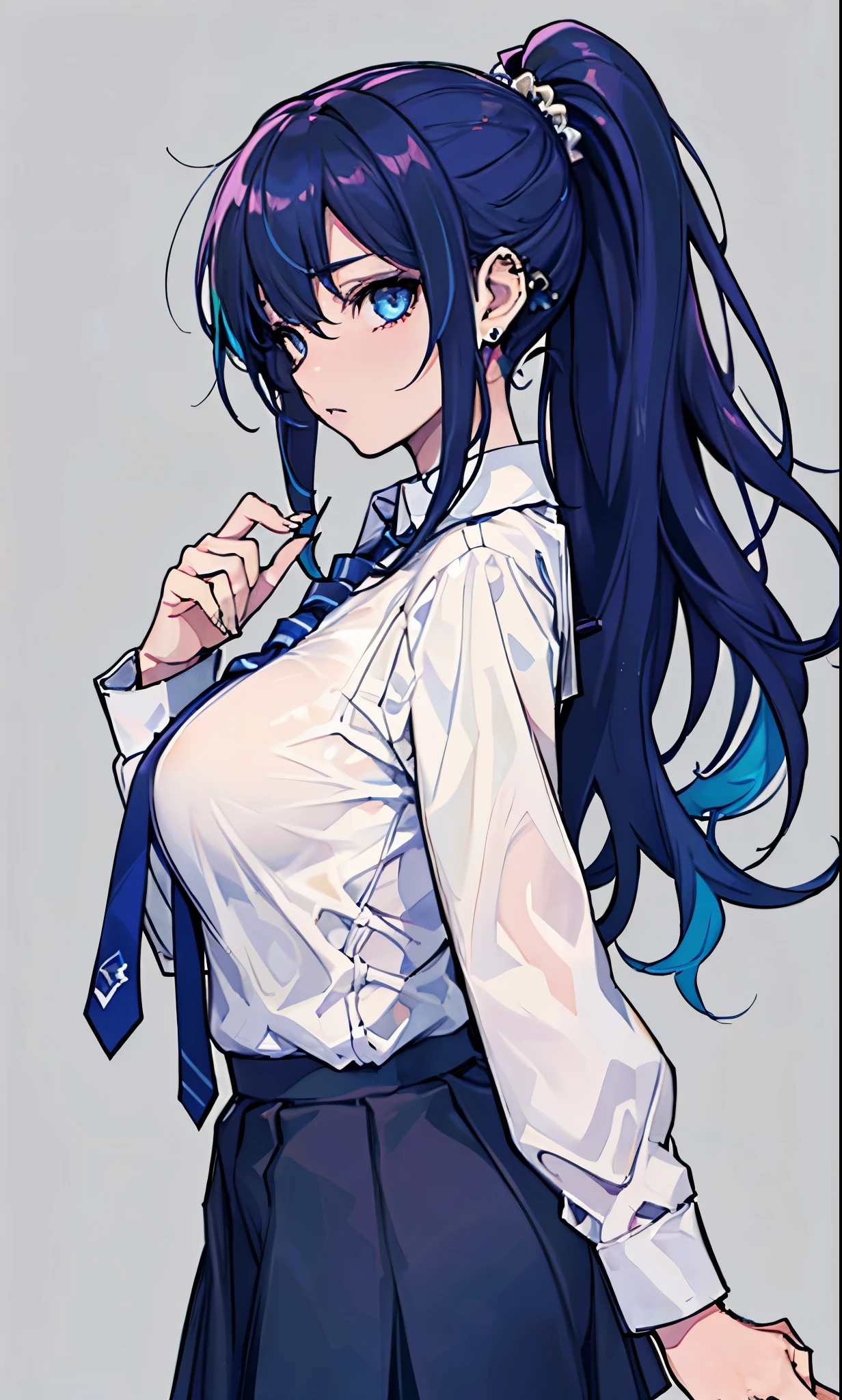 (masterpiece:1.2), best quality,PIXIV,flot,
1girl, solo, skirt, necktie, black hair, long hair, shirt, simple background, blue background, multicolored hair, pleated skirt, jewelry, school uniform, white shirt, blue hair, black skirt, earrings, looking at viewer, collared shirt, from side, breasts, long sleeves, ear piercing, piercing, ponytail, wavy hair, blue eyes