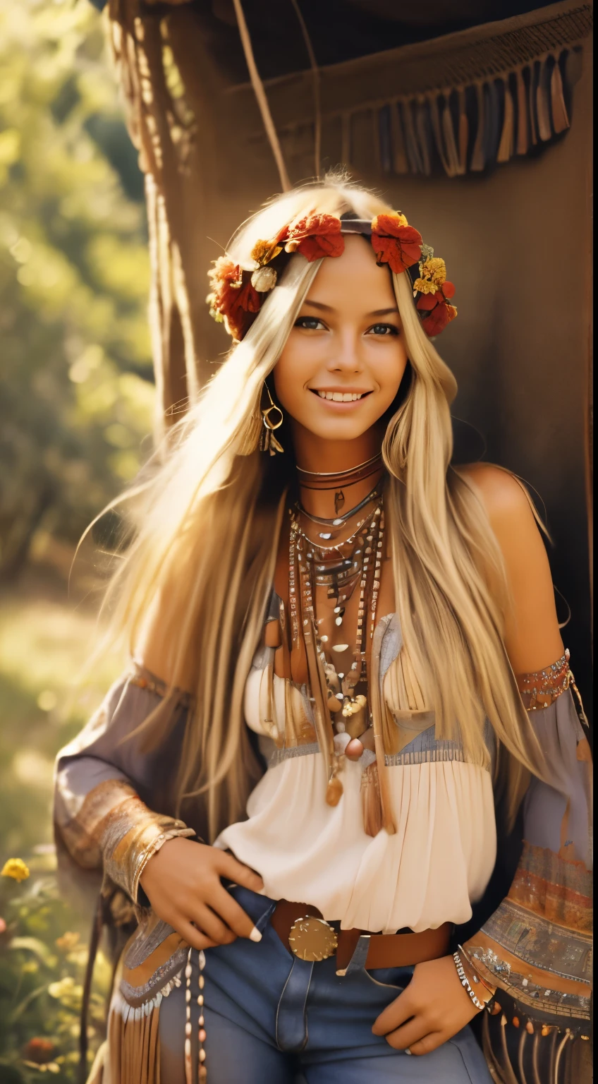 Foto hiperrealista en primer plano de 20 years old Maria Bello, dressed in red peasant blouse paired with bell-bottom jeans and fringe accessories. She wears a headband or flower crown in her long, flowing hair. The setting is a bohemian-inspired outdoor music festival or a peaceful nature backdrop, capturing the free-spirited and laid-back vibe of the era 60Retro69Punch75, beautiful woman, skinny, small breasts, straight blond hair, detailed face, smile, photo taken from a distance, age 20 tears old