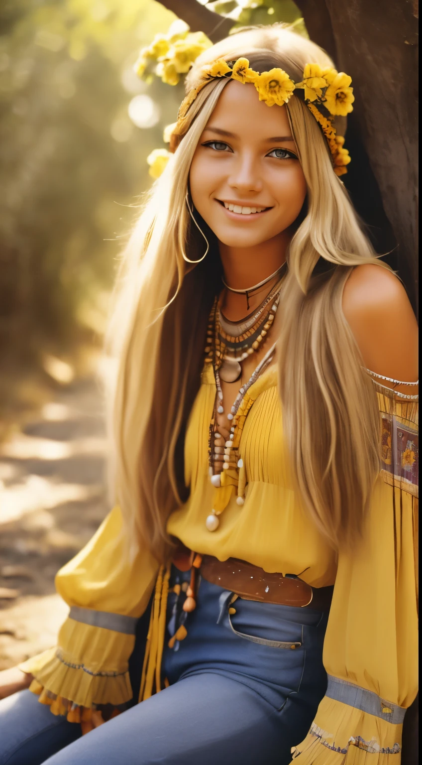 Foto hiperrealista en primer plano de 20 years old Maria Bello, dressed in yellow yellow peasant blouse paired with bell-bottom jeans and fringe accessories. She wears a headband or flower crown in her long, flowing hair. The setting is a bohemian-inspired outdoor music festival or a peaceful nature backdrop, capturing the free-spirited and laid-back vibe of the era 60Retro69Punch75, beautiful woman, skinny, small breasts, straight blond hair, detailed face, smile, photo taken from a distance, age 20 tears old