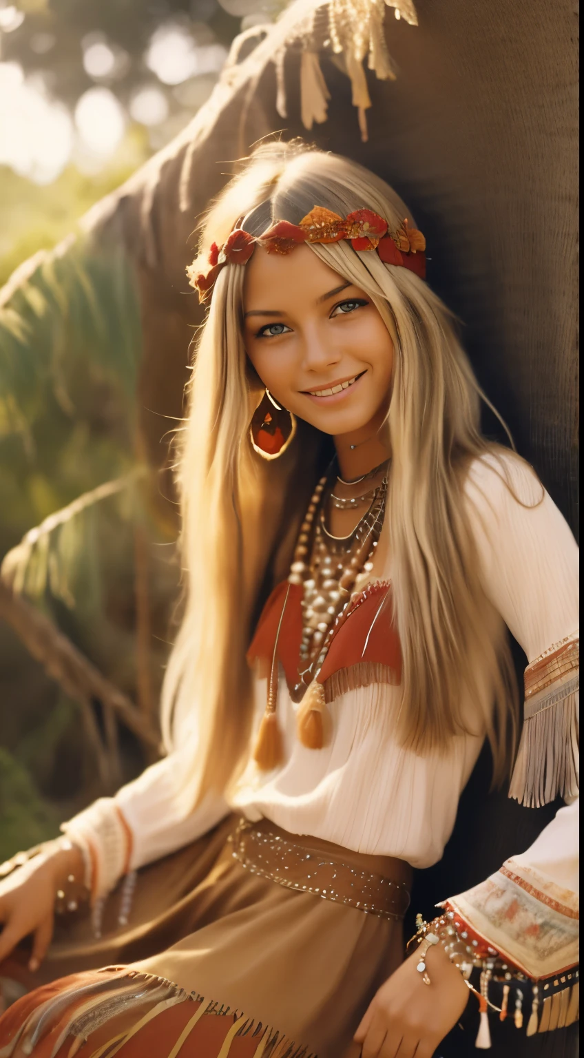 Foto hiperrealista en primer plano de 20 years old Maria Bello, dressed in red peasant blouse paired with red skirt and fringe accessories. She wears a headband or flower crown in her long, flowing hair. The setting is a bohemian-inspired outdoor music festival or a peaceful nature backdrop, capturing the free-spirited and laid-back vibe of the era 60Retro69Punch75, beautiful woman, skinny, small breasts, straight blond hair, detailed face, smile, photo taken from a distance, age 20 tears old