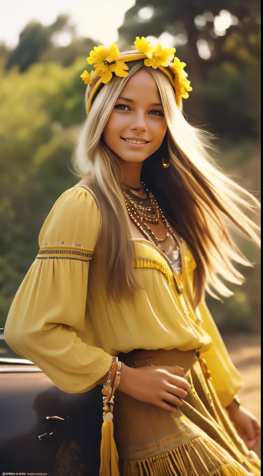 Foto hiperrealista en primer plano de 20 years old Maria Bello, dressed in yellow yellow peasant blouse paired with yellow yellow skirt and fringe accessories. She wears a headband or flower crown in her long, flowing hair. The setting is a bohemian-inspired outdoor music festival or a peaceful nature backdrop, capturing the free-spirited and laid-back vibe of the era 60Retro69Punch75, beautiful woman, skinny, small breasts, straight blond hair, detailed face, smile, photo taken from a distance, age 20 tears old