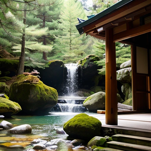 deep in the mountains,wooden,Temple of Japan,temple bell,Tesuisha,Jizo,waterfall,Water is coming out of the mouth of a small stone dragon statue.