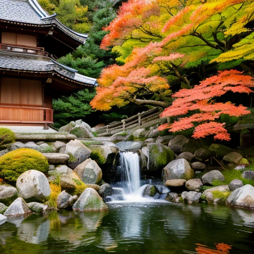 deep in the mountains,wooden,Temple of Japan,temple bell,Tesuisha,Jizo,waterfall,Water is coming out of the mouth of a small stone dragon statue.,autumn leaves