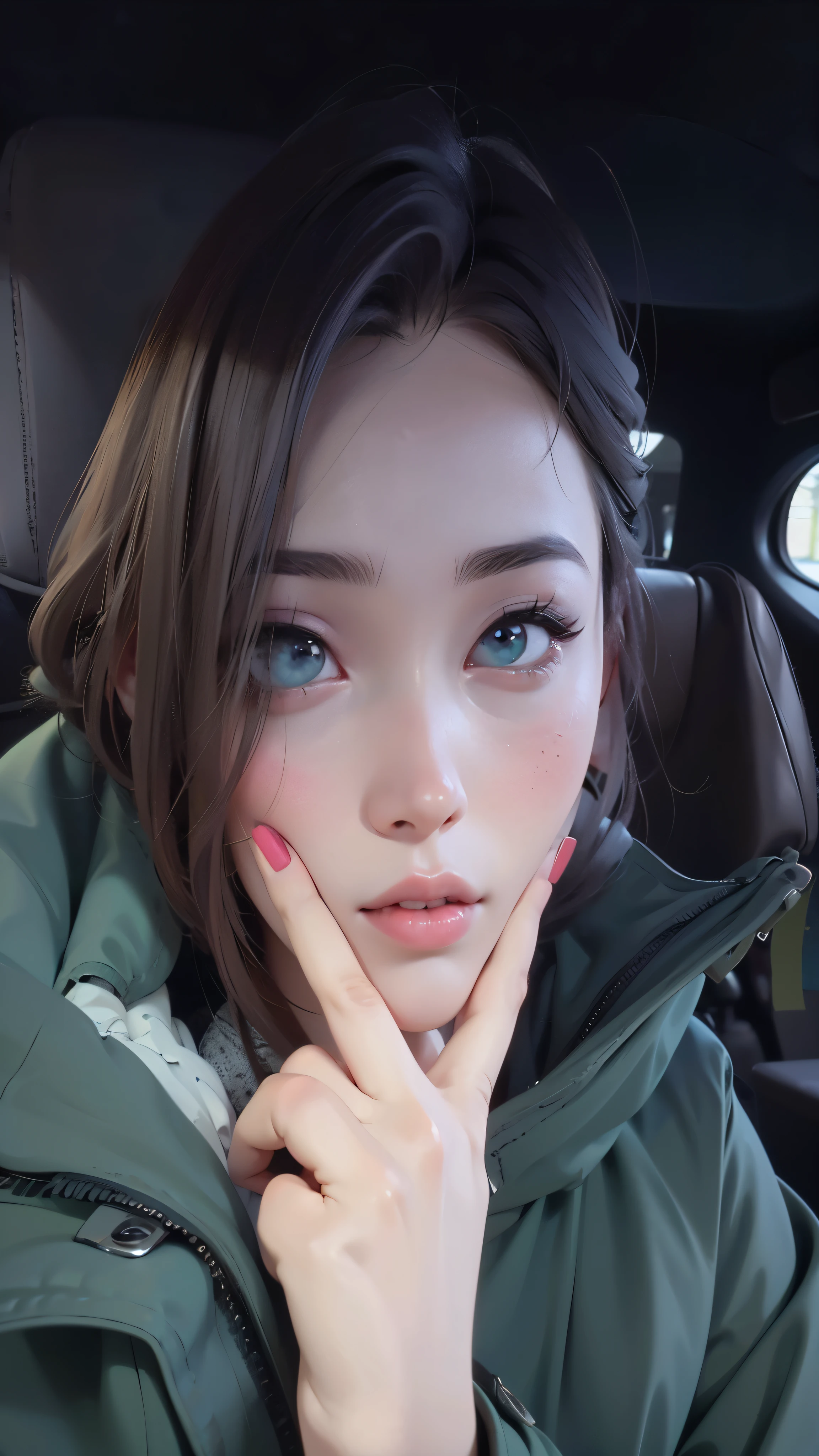 (A girl is in the garden),(painting),(Beautiful and delicate eyes,Beautiful and delicate lips,Extremely detailed eyes and face,long eyelashes,Green jacket,rednails,Chinese girl,19 year old girl,xintong chen,young,Cute Chinese face,lifelike:1.37,8K selfie)