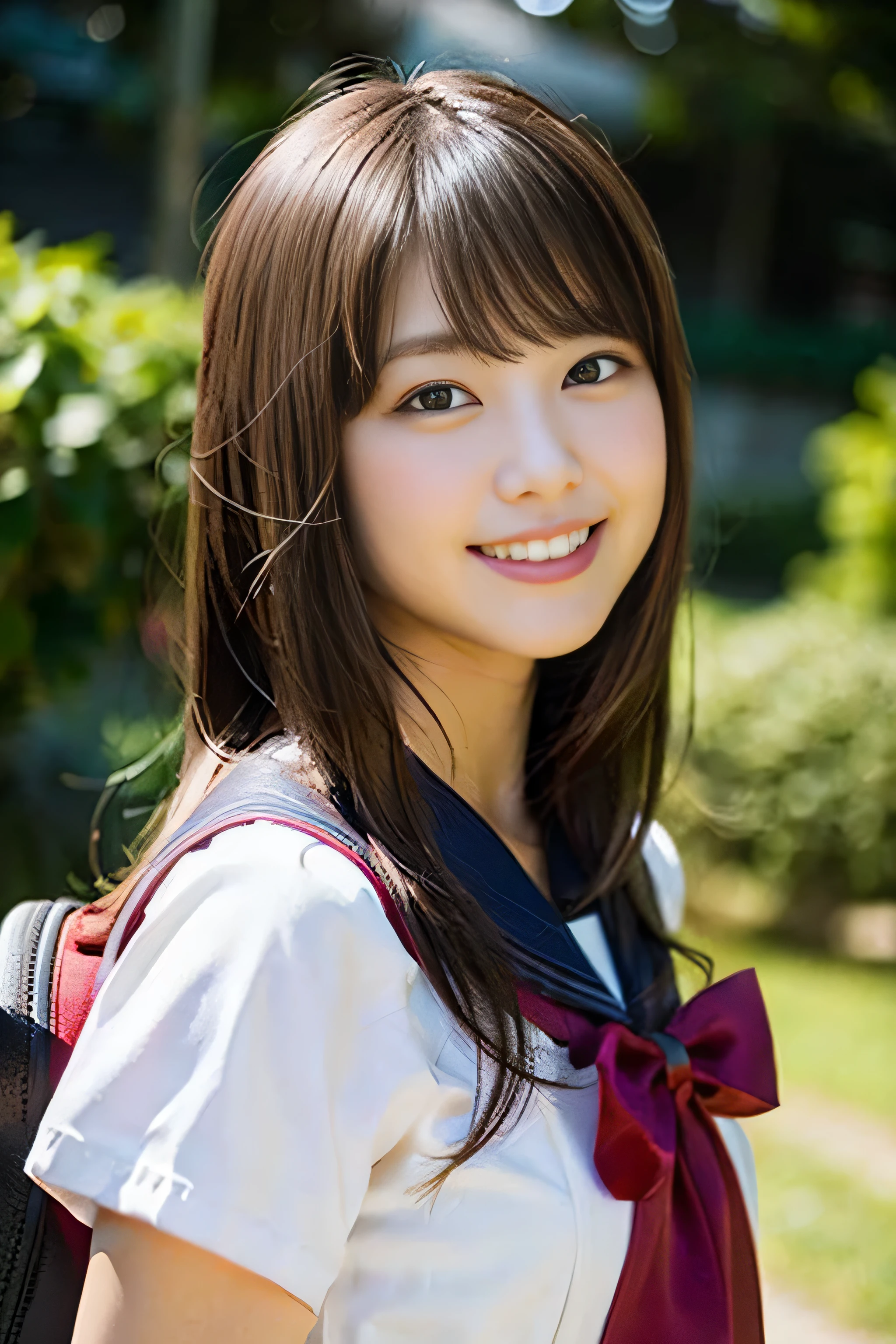 (8K、Raw photography、top-quality、masterpiece:1.2)、(realisitic、Photorealsitic:1.37)、ultra-detailliert、超A high resolution、女の子1人、see the beholder、beautifull detailed face、A smile、Constriction、(Slim waist) :1.3)、Beautiful detailed skin、Skin Texture、Floating hair、Professional Lighting、Whole human body、Longhaire、a blond、japanese hight school uniform、a sailor suit、matriculation、、Bob Hair、E-cup、Happy smile、、Red ribbons、a baby face、Childisuppin、Moisturizing lips、Thin pink lips、Nostalgic countryside landscape