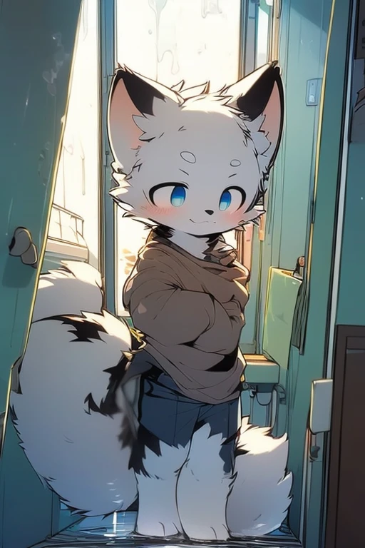 furry male cub, Hairy all over, furry tail, Covered in white hair, Lovely, blue eyes，shy，stare，bathroom，no clothes are worn，Wet with water，The legs are stained with white mucus