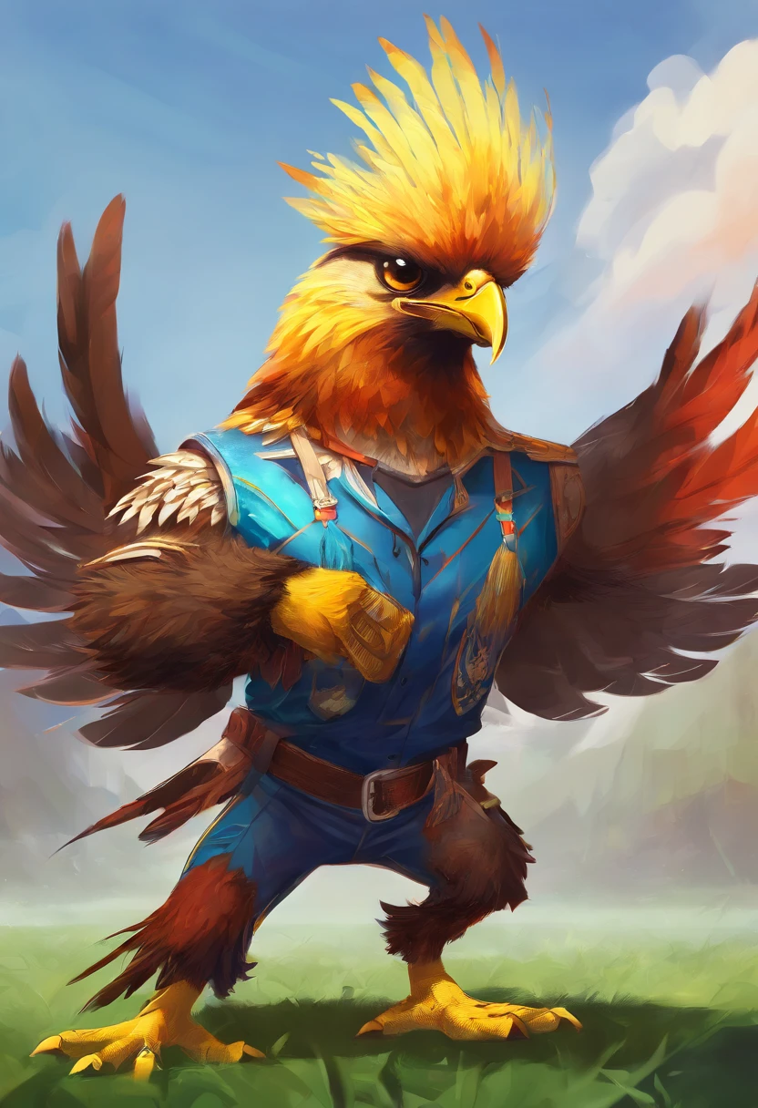 Cinematic Still of a Bird-Hawk Mascot Playing Football: (Best Quality, 4k, 8K, high resolution, Masterpiece: 1.2), Bird-hawk mascot, wearing an Indonesian national team football shirt, sleeveless and vibrant colors, beaked head with feathers ruffling in the wind, strong and determined expression, legs planted firmly on the grass, a football in its talons, ready to kick. Bird-hawk mascot, full body view, powerful posture, football clutched tightly, anticipating the next move. Feathers glistening with drops of sweat in the scorching sun, creating