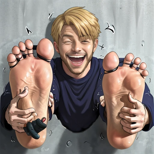 Foot tickling, disembodied limb, tickle neck, 1man, wall_foot, handsome blonde man stuck in a wall foot sticking out and face sticking out, laughing, ((tickled on his feet))by (floating hands)