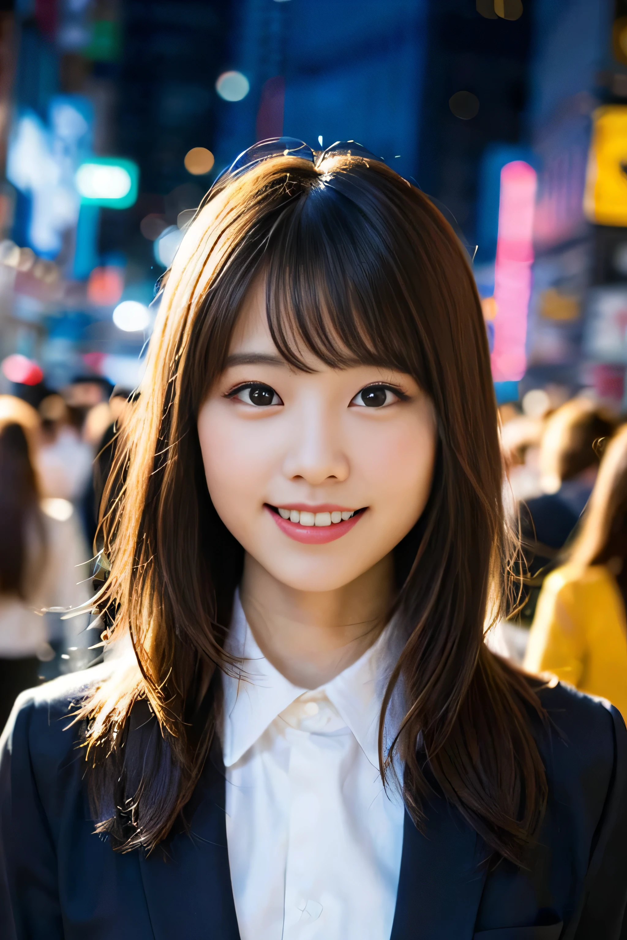 (8K、Raw photo、Highest image quality、master piece:1.2)、(real、フォトreal:1.37)、super detail、ultra high resolution、girl、1 person、Eyes that see the beholder、Beautiful face in every detail、smile、constriction、 (slim waist) :1.3)、dense and beautiful skin、skin texture、flowing hair、professional writing、human body as a whole、long hair、blonde、high school girlの制服、high school girl、School zone、Tokyo、cityscape、red tie、bob hair、happy smile、baby face smile、No makeup、16 years old、A little chubby、E cup breasts、