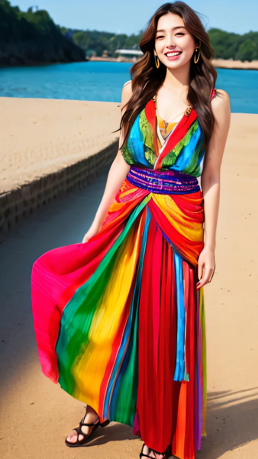 (full body:1.4), (whole body:1.4), Hyper-Realism, (Photorealsitic:1.4), 8K, maximum resolution, (masterpiece), highly detailed, best quality, Refined face, Japanese beautiful woman, detailed beautiful eyes and lip, beautiful face, 22yo, Colorful bohemian skirt, bohemian physique, long wavy hair, joyful expression