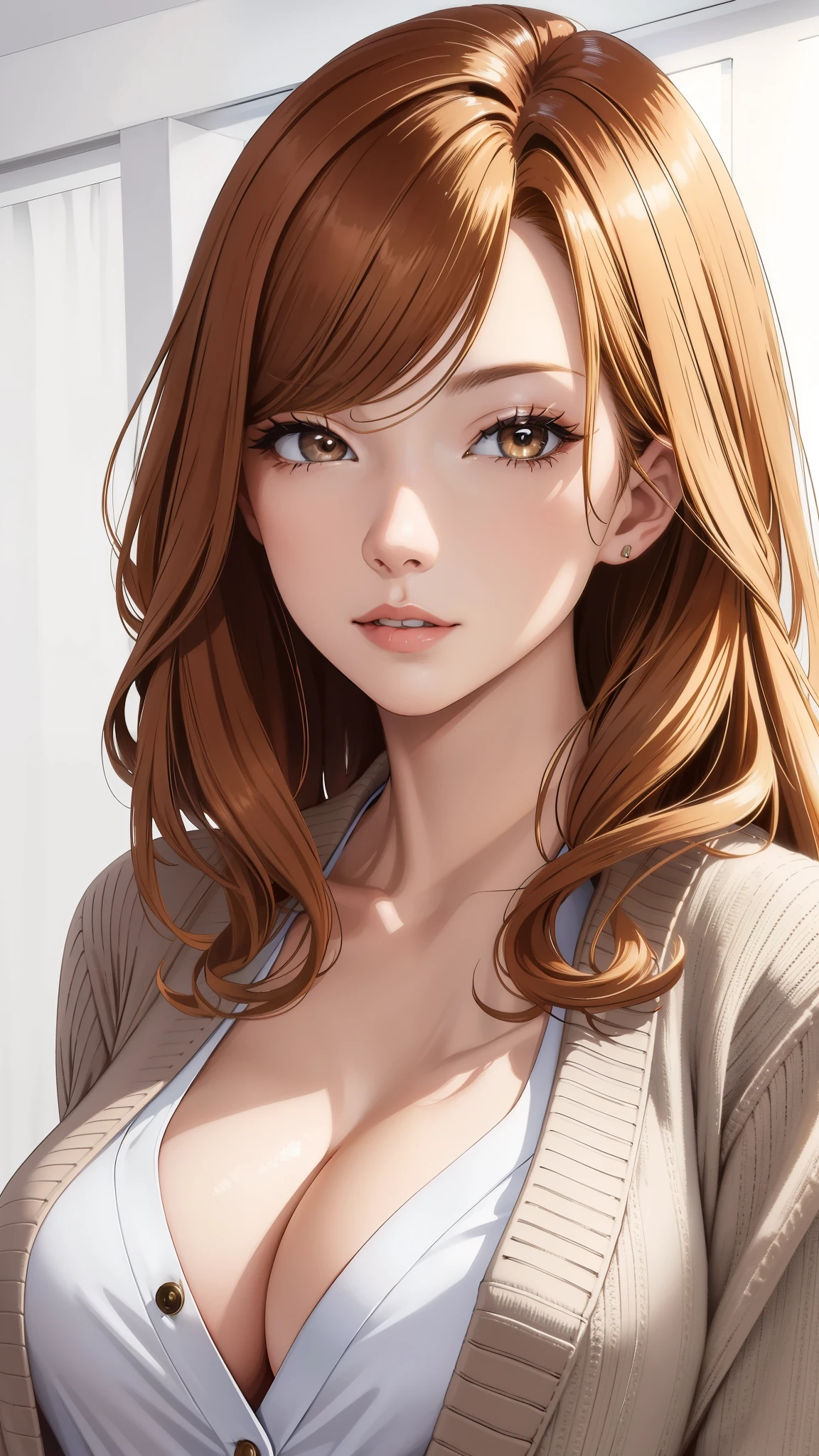 (best quality, highres:1.27), cool adult woman, elegant, confident pose, long hair, (swept-side bang:1.27), [[[brown hair]]], blonde hair, cardigan, t-clothes, cleavage, brown eyes, inside house, detailed facial features, vibrant colors, close-up portrait