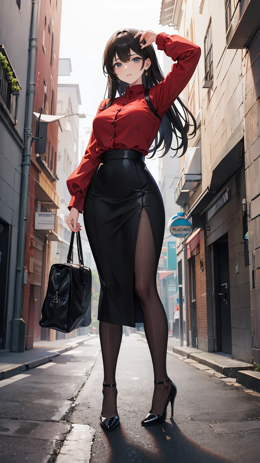 ((masterpiece, high resolution, best quality, best details, anime)), a woman standing on the street, dressed in a long skirt, leather jacket, red blouse and pumps high heels, (((long loose black skirt))), leather jacket black, pumps platform high heels, ((pantyhose)), long straight hair, light brown hair, silver eyes, street landscape, (((ankle length skirt))), fabric skirt, fabric blouse, ((full skirt without openings)), curvy body,