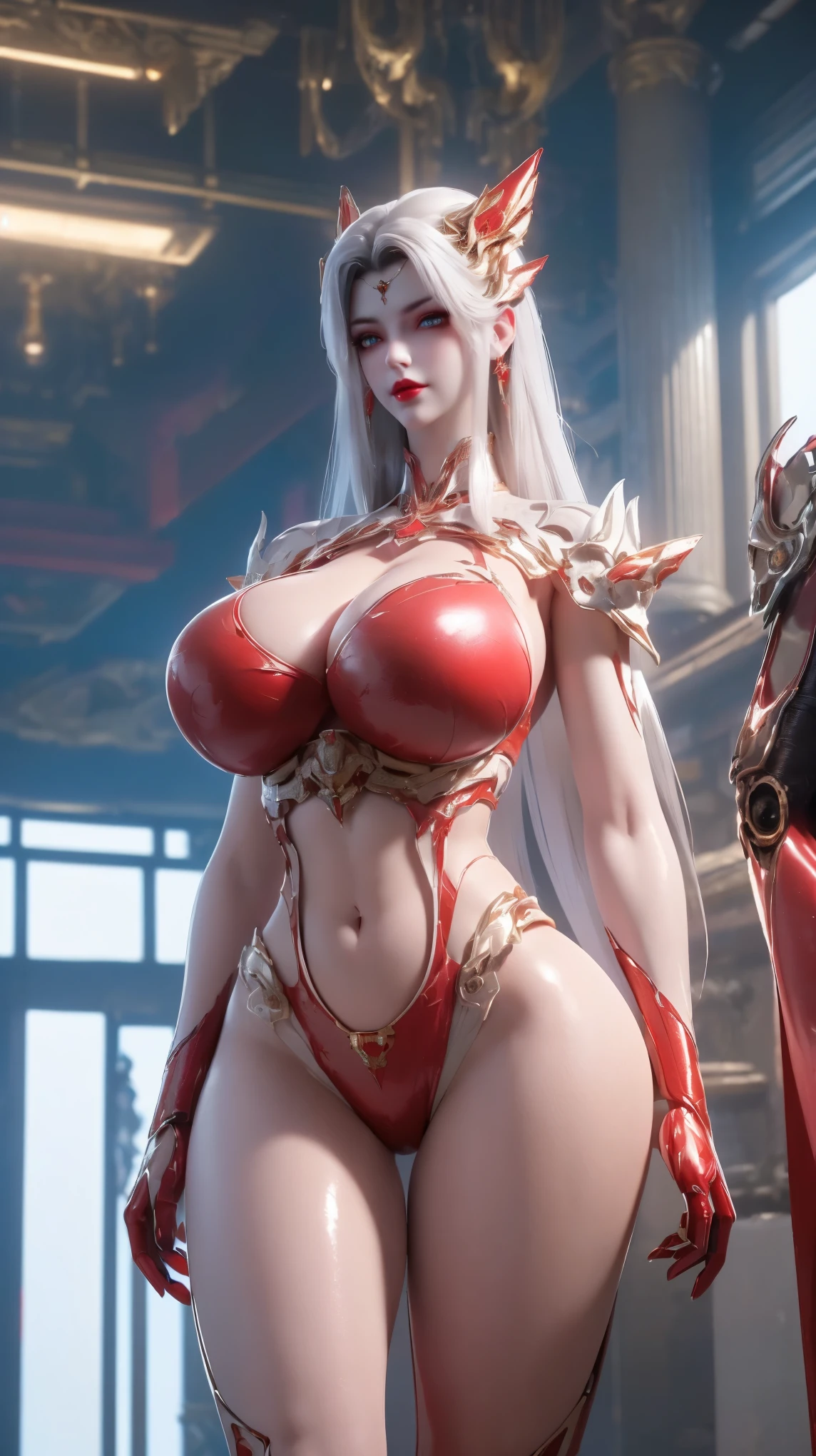 UPPER BODY,CLOSE UP HALF BODY,SOLO,(BEAUTY WHITE COLOR HAIR:1.3), (GIGANTIC FAKE BREASTS,BUSTY,CLEAVAGE,MUSCLE ABS,NSFW CONTENT:1.5), ((WEARING OUTFIT RED,BLACK SHINY MODERN FUTURISTIC MECHA SKIMPY BIKINI:1.5)),(CURVY VOLUPTUOUS BODY MATURE WOMAN:1.5), (SWEATY GLOSSY BODYSKIN:1.5), (LOOKING AT VIEWER:1.6),(HALLROOM OF FUTURISTIC SPACE STATION:1), (PHOTOREALSITIC:1.4), (ULTRA-DETAILLIERT), (TOP-QUALITY), (BEST SHADOWS), (​MASTERPIECE), BRIGHT LIGHT IN ROOM, HYPER TEXTURE, (4X MSAA), ((UNREAL ENGINE 5 RENDER)), PHYSICALLY-BASED RENDERING, ULTRA HIGHT DEFINITION, 16K, 1080P.