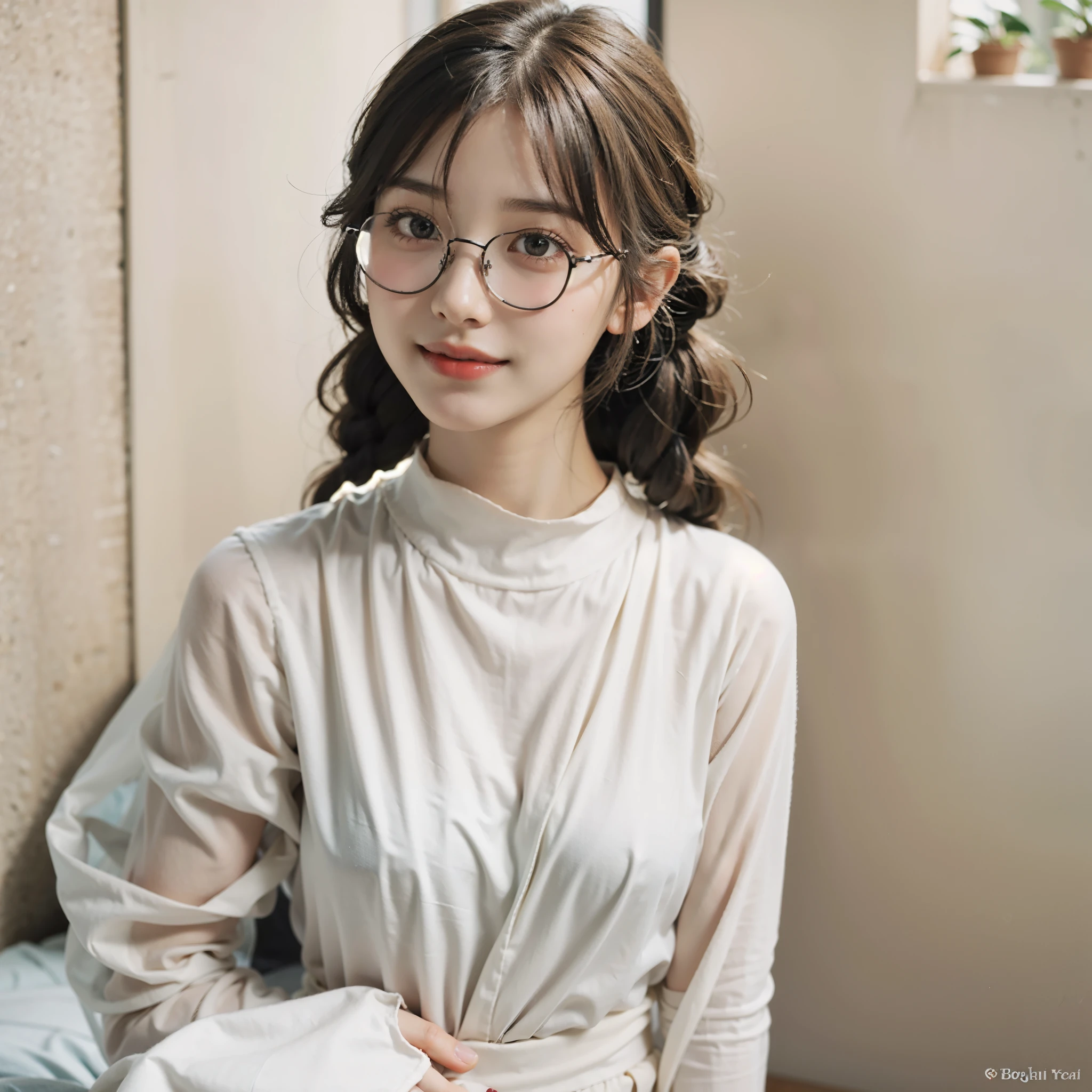 Top quality, one beautiful woman, 20 years old, 35mm lens, f/1, dark brown eyes, glasses, braids, black hair, pale skin, medium chest, slendar body  look at viewer, smile