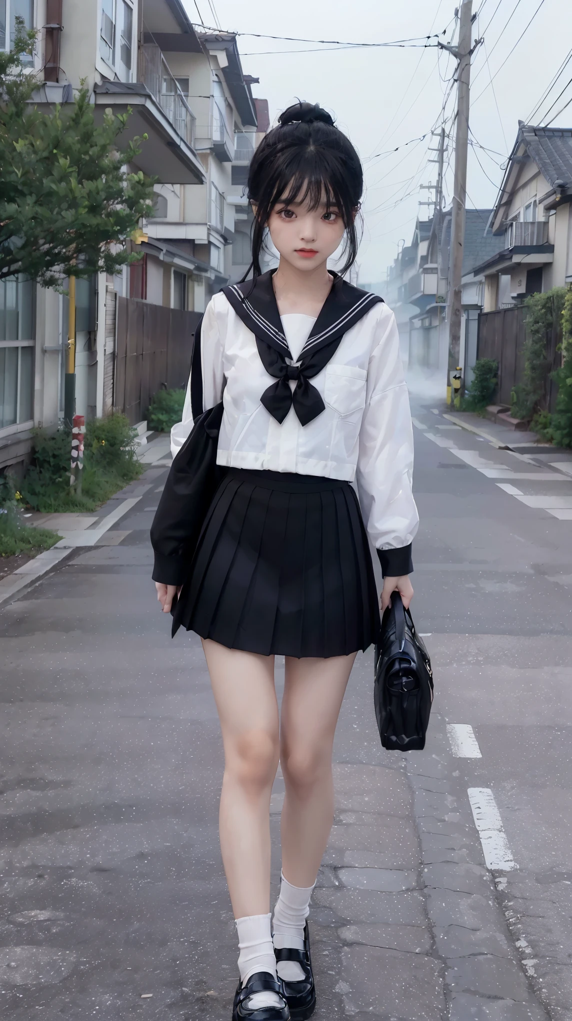 masterpiece, highest quality, realistic, RAW photo, Digital single-lens reflex camera, ((1 person)), Beautiful Japan girl at 18 years old, shiny fair skin, Realistic beautiful make-up face, realistic and beautiful eyes, double eyelid, (((anxiety, frightened eyes:1.3, fear, nervous:1, tears, cry:1.4, afraid))), The most detailed shiny black hair and bangs, ((ponytail hair)), slim body shape, slim face, slim waist, medium breasts, (((Japanese student indigo sailor suit:1.5, summer clothes:1.2, dark black skirf, pleated mini skirt:1.2, black sox:1.2, brown loafer shoes:1.2, white panty:1.2))), (((walking:1.3))), Leaving school, (((A path in a lonely residential area, dark path))), ((foggy)), realistic shadow, Depth of bounds written, The best delicate and beautiful photos, ultra high resolution, 8K UHD Wallpapers, (((from below:1))), nsfw, upper half body