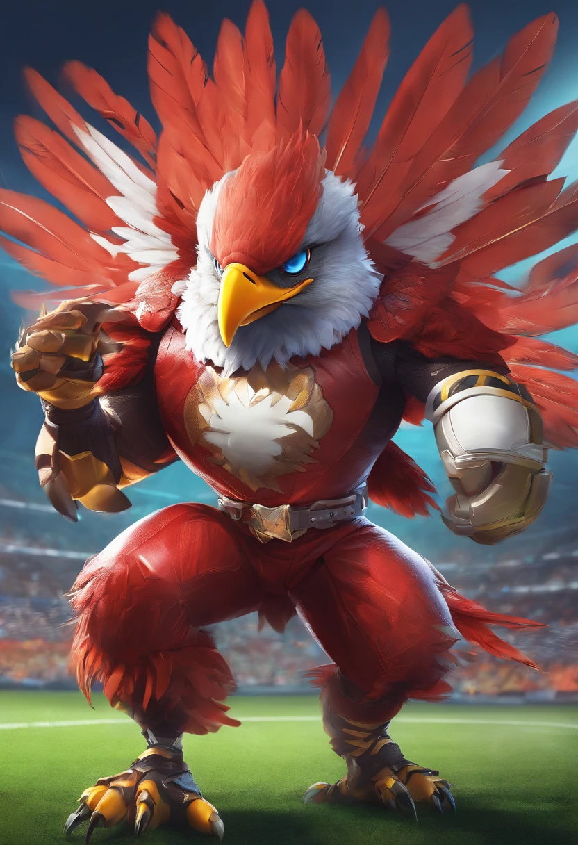 Cinematic Still of a Bird-Hawk Mascot Playing Football: (Best Quality, 4k, 8K, high resolution, Masterpiece: 1.2), Bird-hawk mascot, wearing an Indonesian national team football shirt, sleeveless and vibrant colors, beaked head with feathers ruffling in the wind, strong and determined expression, legs planted firmly on the grass, a football in its talons, ready to kick. Bird-hawk mascot, full body view, powerful posture, football clutched tightly, anticipating the next move. Feathers glistening with drops of sweat in the scorching sun, creating