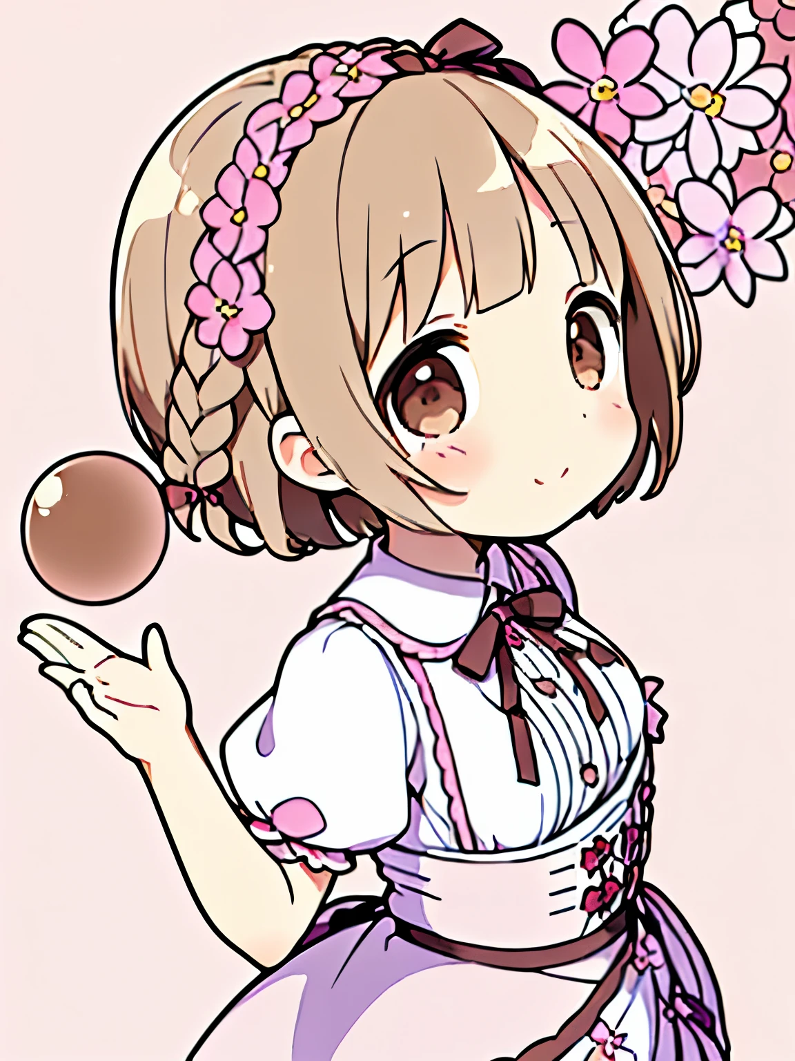 (light brown hair:1.2),(braided short hair:1.3),(hair tied up loosely:1.25),(big ribbon:1.3),(brown eyes:1.4),(Eye size:1.5),(sphere accessories:1.3),((feminine fashion:1.4)),(Background full of blooming flowers:1.5),(blush),(upward glance:1.3),(small breasts:1.4),(focus on face:1.3),((look up:1.25)),(fashion color White、darkBlue、purple、pink:1.3),(smile:1.2),(👋:1.6)