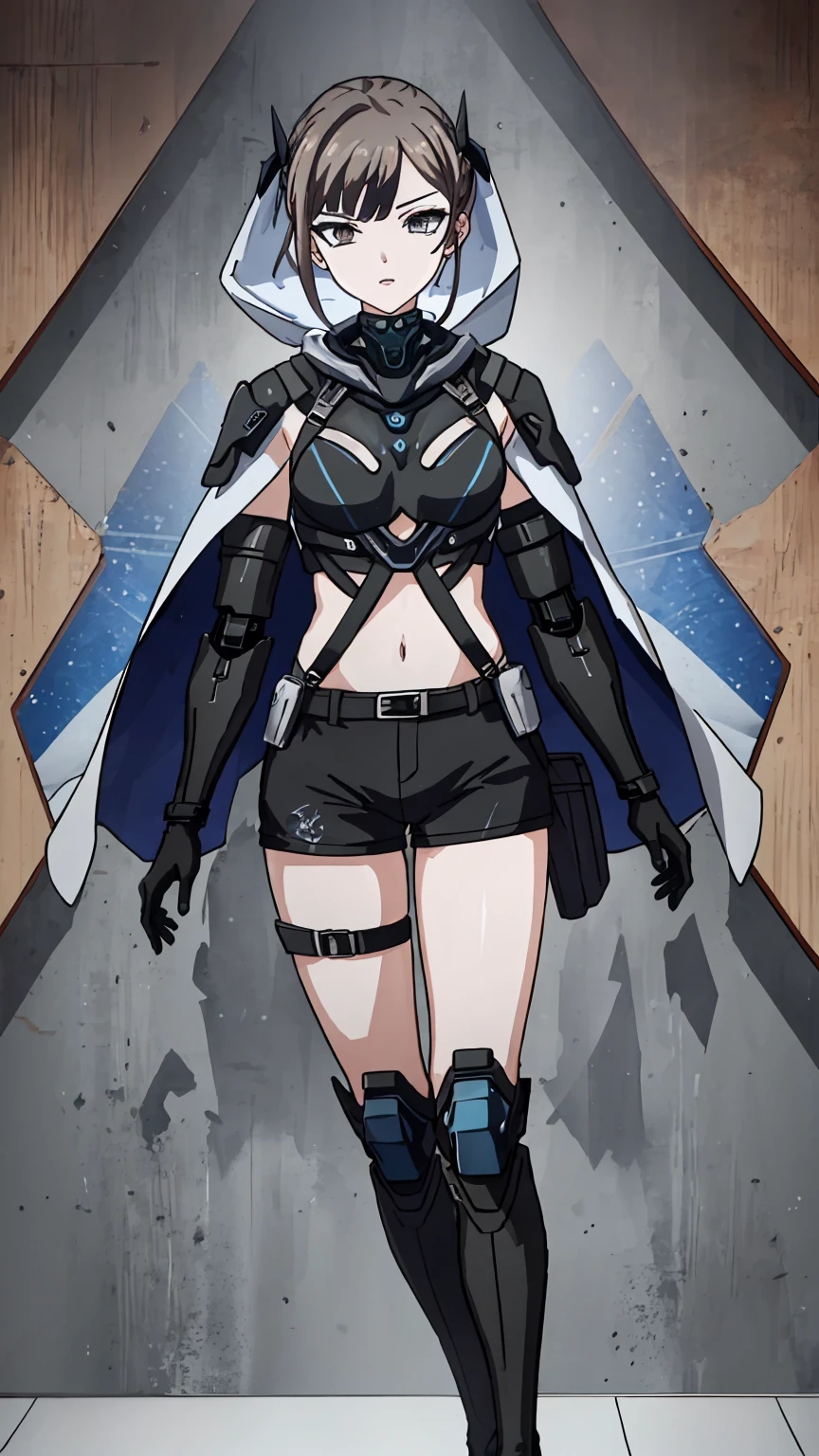 A beautiful anime girl wearing black
tactical uniform
with shorts and pantyhose,cyborg eye
patch,black Single
Shoulder Cape, Shoulder straps,black
bulletproof vest
short black hair with blue ends blue
glowing eyes,red glossy lips,black
tactical
boots,Drop Leg holster
(masterpiece), best quality, expressive
eyes, perfect
face,cybernetic,exoskeleton
One robotic arm,android,cyborg,black
holster,black
utility Belt,Detailed Face Fleshy
Lips,(Expressive Detailed Eyes),
Beautiful,
Gorgeous.Intricate Hair,
UItra-Detailed, Correct Proportions,Best
Texture,anime,Bandana Design Hooded