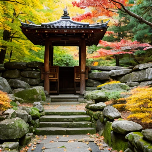 deep in the mountains,wooden,Temple of Japan,temple bell,Tesuisha,Jizo,waterfall,Water is coming out of the mouth of a small stone dragon statue.,autumn leaves,端の方にJizoの像が小さく置かれている