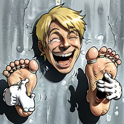 Foot tickling, disembodied limb, tickle neck, 1man, wall_foot, handsome blonde man stuck in a wall foot sticking out and (((face sticking out, laughing)), ((tickled on his feet))by (floating disembodied hands)