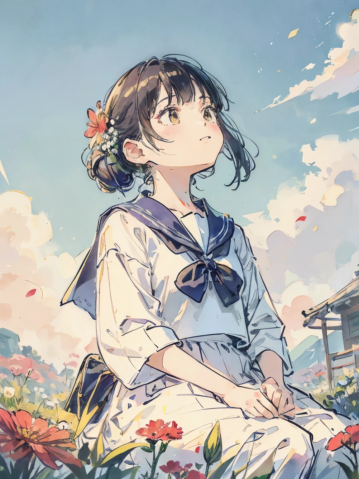girl sitting in front of a flowerbed、sailor suit、Perspective from flowers、Looking up from below