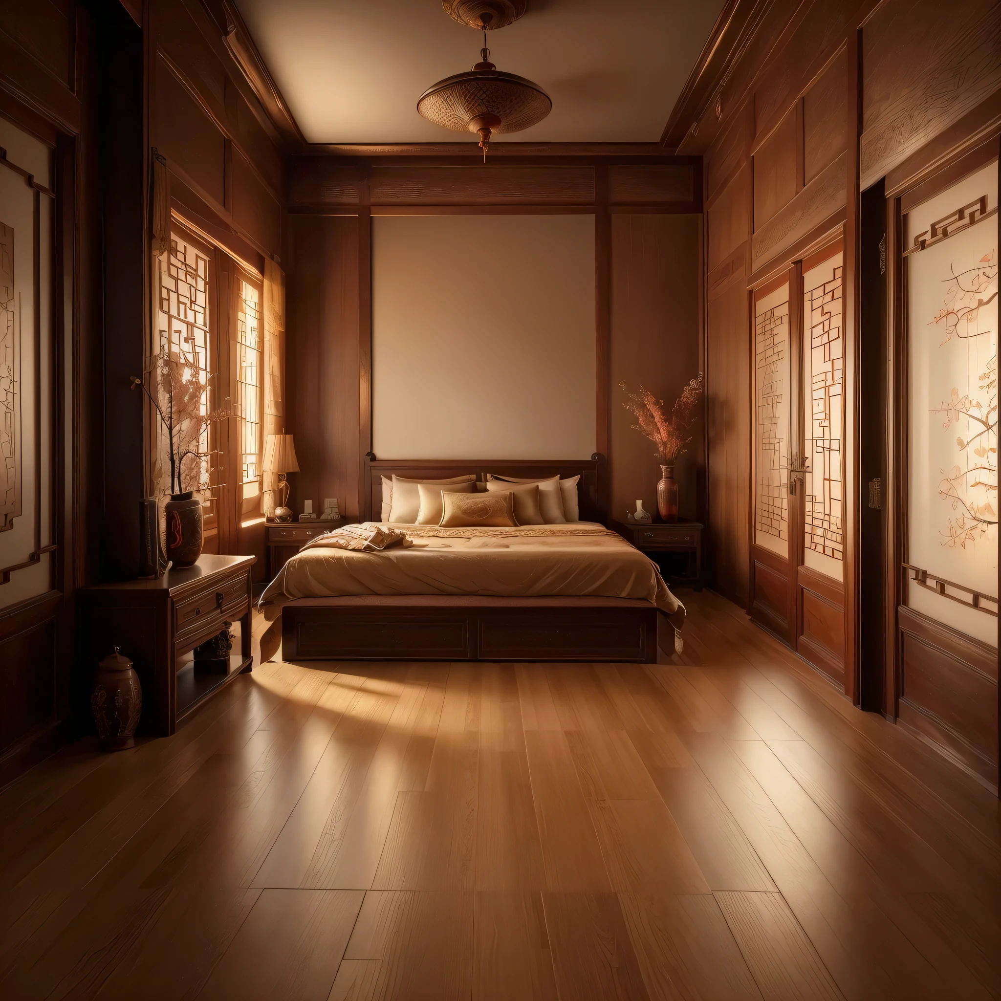 A traditional Chinese bedroom with antique wooden furniture, delicate carvings, and soft lighting, featuring ancient-style doors and elegant window coverings, ornate zither quietly placed in the corner, ink paintings hanging on the wall, exquisite jade carvings by the window, fragrant aroma diffusing throughout the room, displaying elegant calligraphy and antique artifacts, exuding a rich cultural atmosphere. (best quality,4k,8k,highres,masterpiece:1.2),ultra-detailed,(realistic,photorealistic,photo-realistic:1.37),traditional Chinese landscape,antique artistry,subtle and warm color palette,soft and natural lighting.