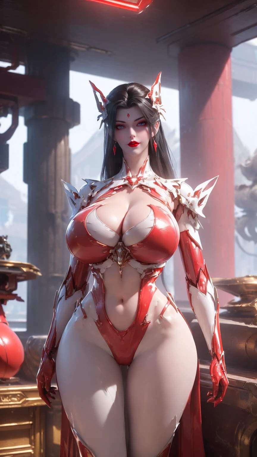 UPPER BODY,CLOSE UP HALF BODY,SOLO,(BEAUTY WHITE COLOR HAIR:1.3), (GIGANTIC FAKE BREASTS,BUSTY,CLEAVAGE,MUSCLE ABS,NSFW:1.5), ((WEARING OUTFIT RED,BLACK SHINY MODERN FUTURISTIC MECHA SKIMPY BIKINI:1.5)),(CURVY VOLUPTUOUS BODY MATURE WOMAN:1.5), (SWEATY GLOSSY BODYSKIN:1.5), (LOOKING AT VIEWER:1.6),(HALLROOM OF FUTURISTIC SPACE STATION:1), (PHOTOREALSITIC:1.4), (ULTRA-DETAILLIERT), (TOP-QUALITY), (BEST SHADOWS), (MASTERPIECE), BRIGHT LIGHT IN ROOM, HYPER TEXTURE, (4X MSAA), ((UNREAL ENGINE 5 RENDER)), PHYSICALLY-BASED RENDERING, ULTRA HIGHT DEFINITION, 16K, 1080P.