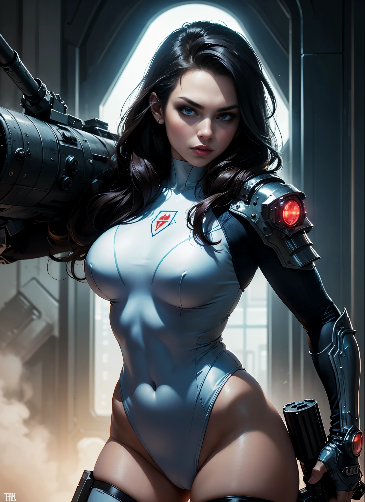 Teagan Presley as a cyberpunk future warrior, blue eyes, holding a massively oversized gatling gun. wearing a white swinsuit armored cyberpunk, Perfect body, against a geometric diamond shaped complex background, immaculate composition, brian viveros, katsuya terada, tim okamura, dynamic pose, dynamic light and shadow, bold high quality