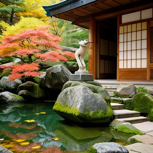 deep in the mountains,wooden,Temple of Japan,temple bell,Tesuisha,Jizo,waterfall,Water is coming out of the mouth of a small stone dragon statue.,autumn leaves,端の方にJizoの像が小さく置かれている,A fox is coming down the stairs
