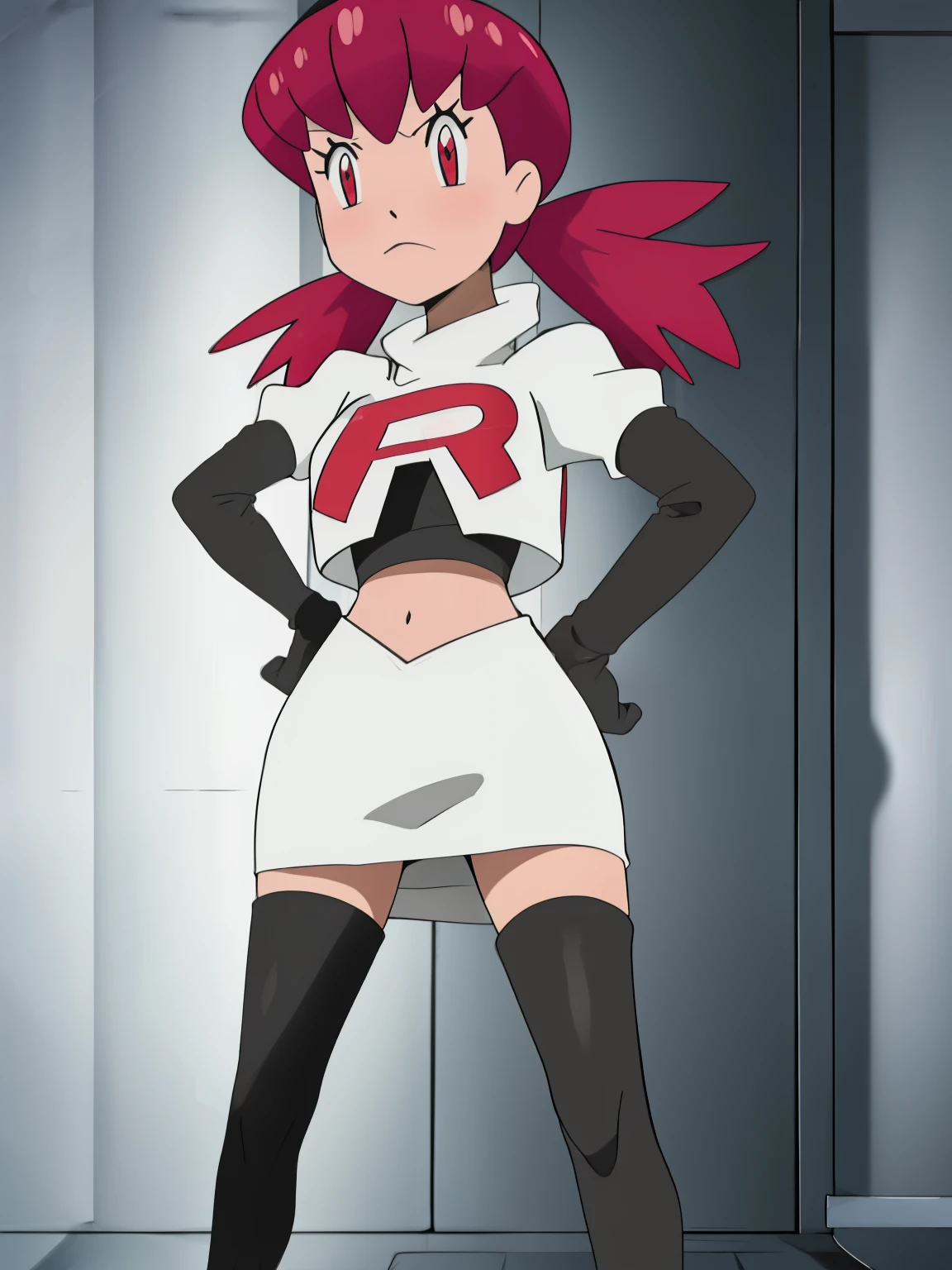 team rocket uniform, red letter R, white skirt,white crop top,black thigh-high boots, black elbow gloves, looking at viewer, cowboy shot, full body, hand on hip, whitney