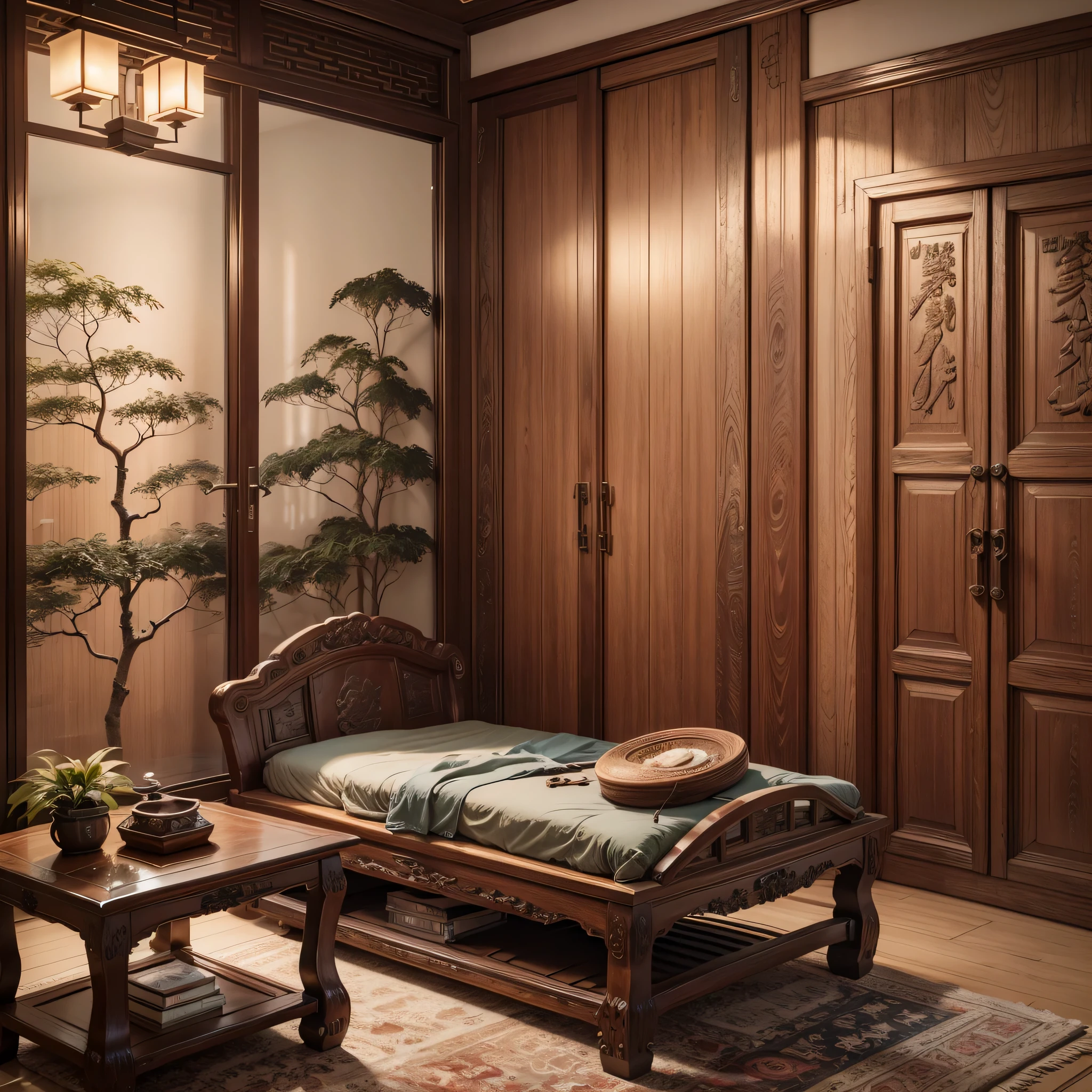 A traditional Chinese bedroom with antique wooden furniture, delicate carvings, and soft lighting, featuring ancient-style doors and elegant window coverings, ornate zither quietly placed in the corner, ink paintings hanging on the wall, exquisite jade carvings by the window, fragrant aroma diffusing throughout the room, displaying elegant calligraphy and antique artifacts, exuding a rich cultural atmosphere. (best quality,4k,8k,highres,masterpiece:1.2),ultra-detailed,(realistic,photorealistic,photo-realistic:1.37),traditional Chinese landscape,antique artistry,subtle and warm color palette,soft and natural lighting.