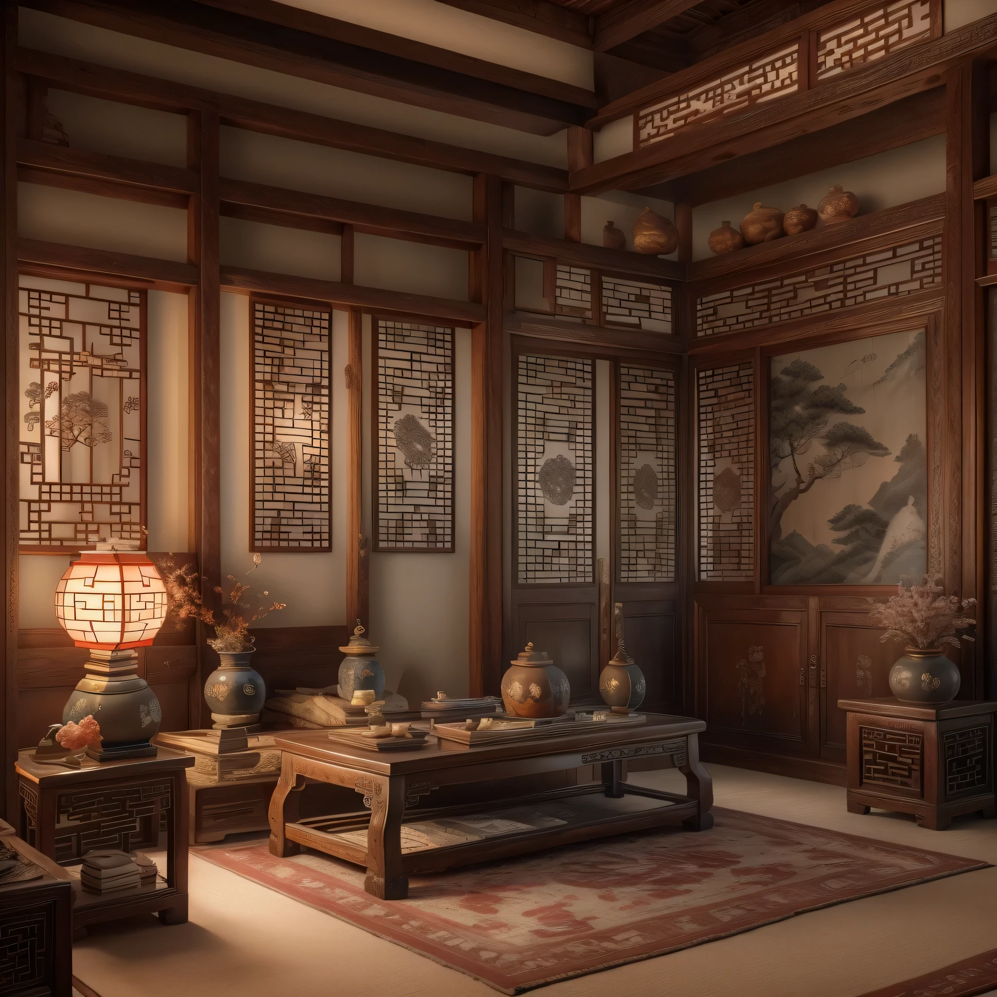 A traditional Chinese bedroom with antique wooden furniture, delicate carvings, and soft lighting, featuring ancient-style doors and elegant window coverings, ornate zither quietly placed in the corner, ink paintings hanging on the wall, exquisite jade carvings by the window, fragrant aroma diffusing throughout the room, displaying elegant calligraphy and antique artifacts, exuding a rich cultural atmosphere. (best quality,4k,8k,highres,masterpiece:1.2),ultra-detailed,(realistic,photorealistic,photo-realistic:1.37),traditional Chinese landscape,antique artistry,subtle and warm color palette,soft and natural lighting.