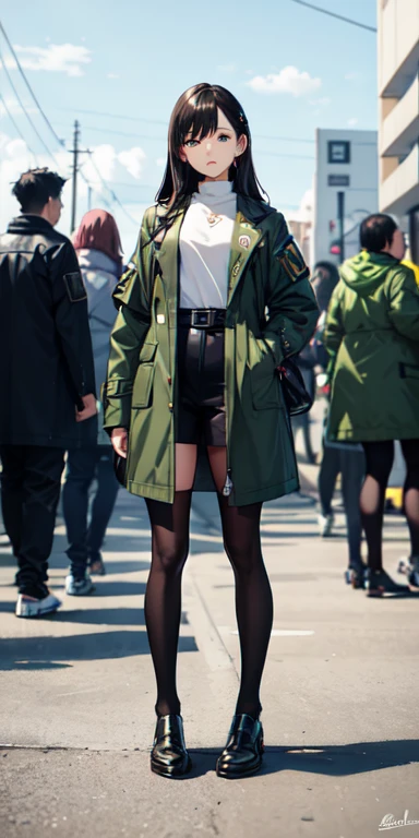 ((best quality)), ((masterpiece)), (detailed),full body anime picture of a female squad member , green outfit ,  1 person , coat , squad