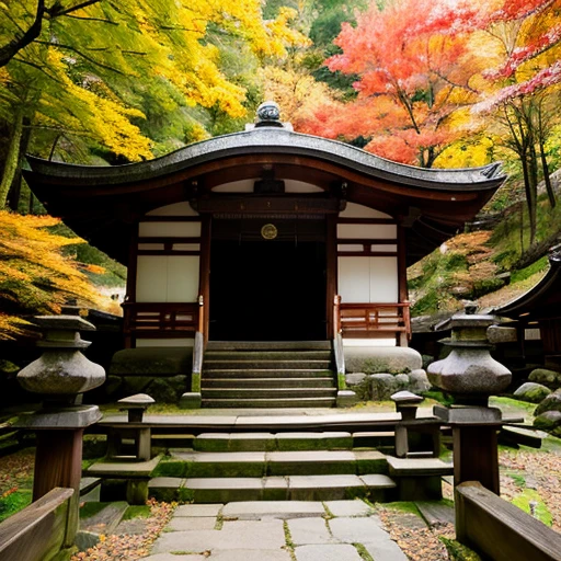 deep in the mountains,wooden,Temple of Japan,temple bell,Tesuisha,Jizo,waterfall,autumn leaves,端の方にJizoの像が小さく置かれている,stairs in the precincts,A fox is coming down the stairs