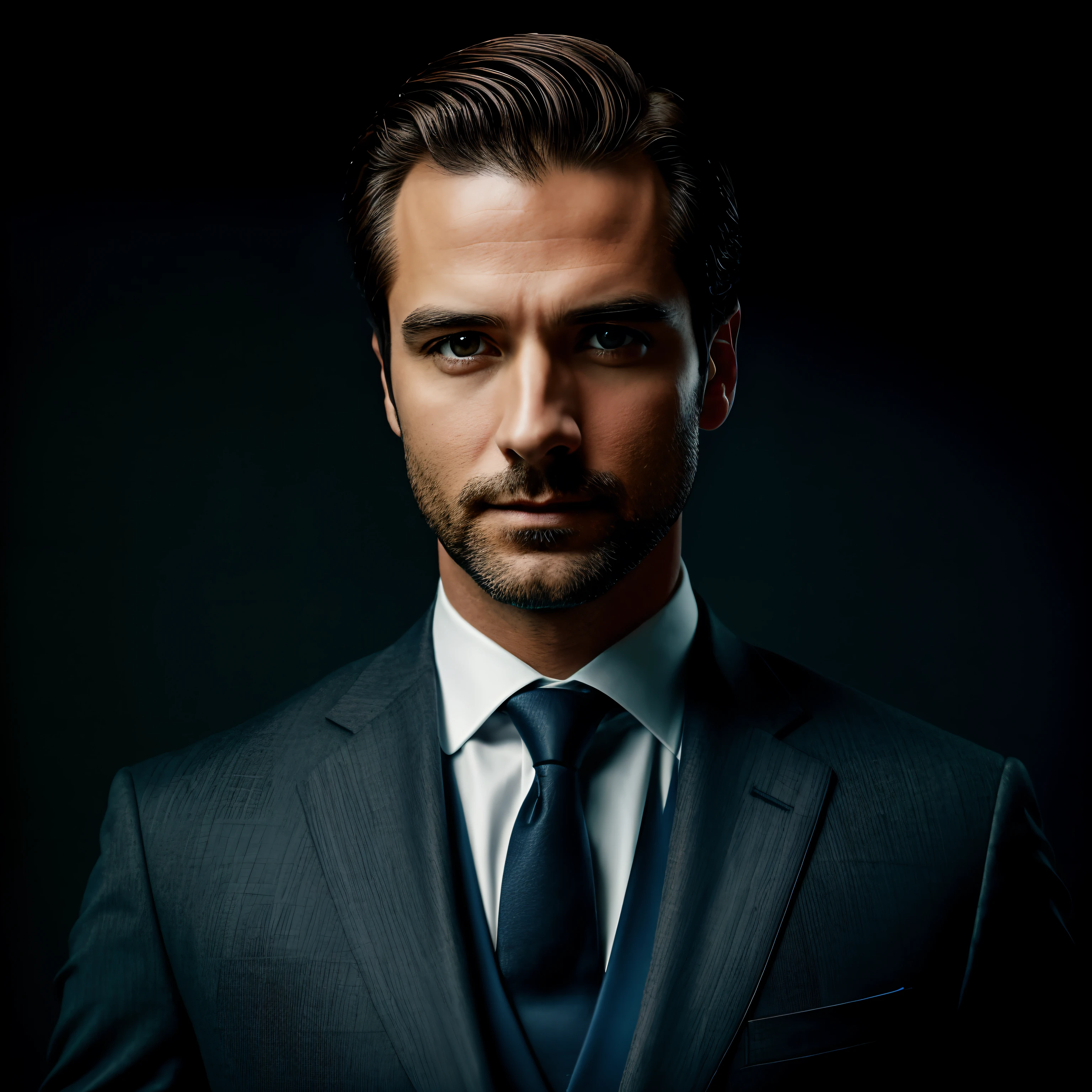 a Man standing with 30 years in suit and tie, body and head straight in the photo, facing the viewer of the photo, eyes fixed to the lens, appears shoulders and head in the photo, man centered in the photo, 8k, best quality, masterpiece, realistic, realistic photo, movie photo, ultra realistic, 1 person, detailed, perfect lighting, DSRL, professional photo, 4k