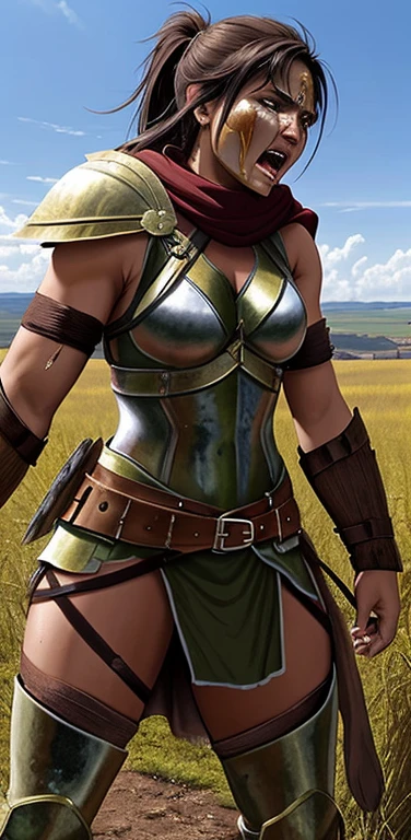 A Spartan warrior woman, battle crying, ready to die fight, fighting in the olld Spartan battlefields